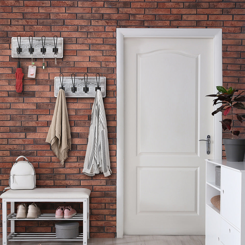 Set of 2 Rustic Wood Wall Hooks for Keys and Coats - Gray White Decorative Hanger with 4 Prongs for Entryway, Bathroom, or Bedroom Organizer