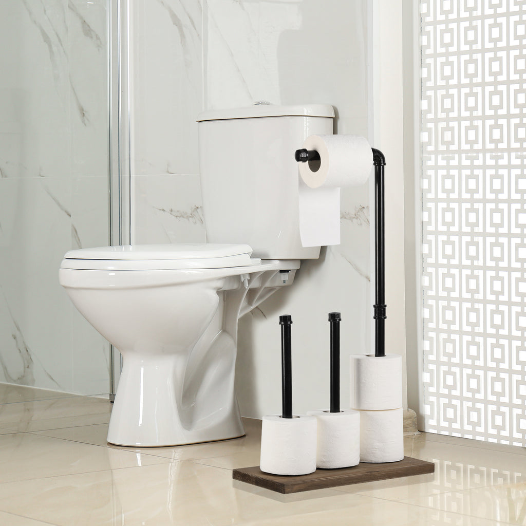 Rustic Toilet Paper Holder Stand with Wood Base, Double Roll Dispenser and Storage, Free Standing Pipe Tissue Holder for Farmhouse Bathroom,