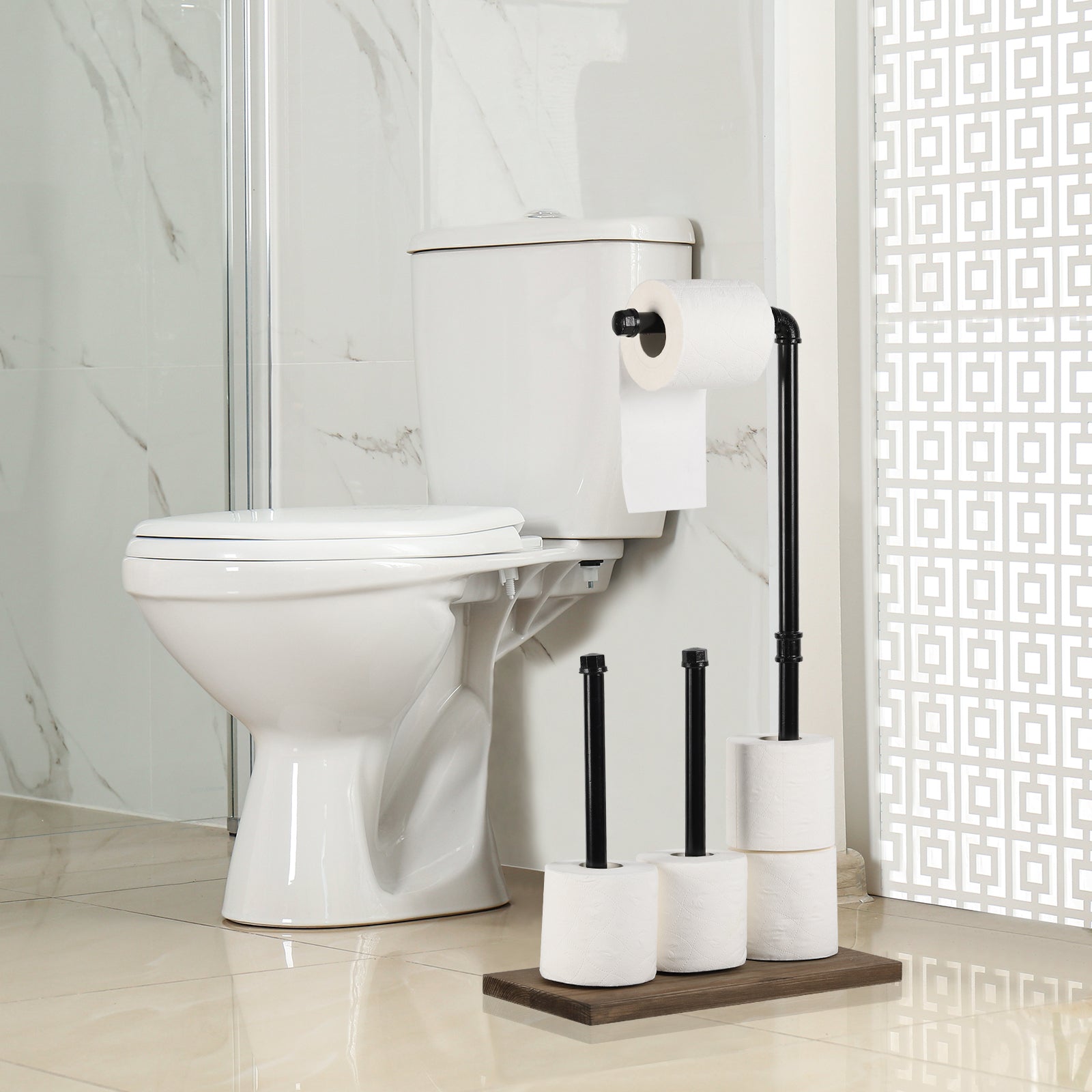 Rustic Toilet Paper Holder Stand with Wood Base, Double Roll Dispenser and Storage, Free Standing Pipe Tissue Holder for Farmhouse Bathroom,
