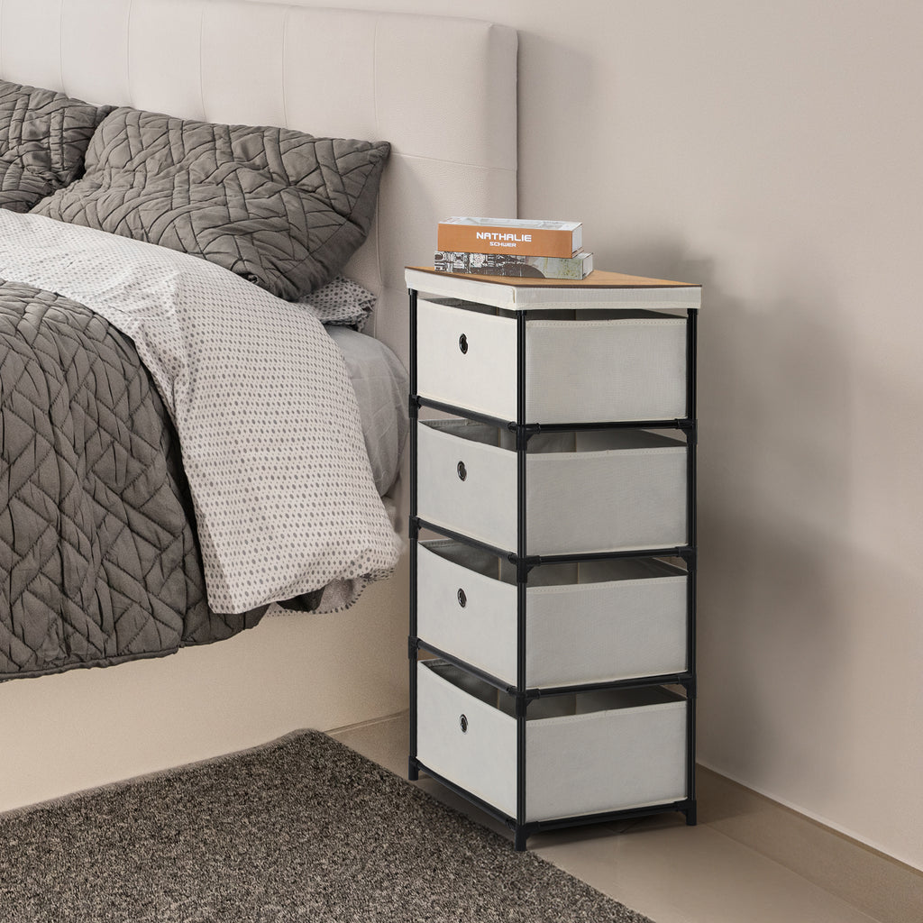 4-Drawer Bedroom Storage Tower, Compact Fabric Organizer Unit and Clothing Chest of Drawers