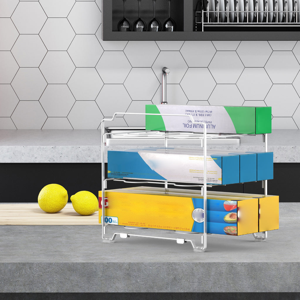 Kitchen Wrap & Foil Organizer Rack (2-Pack) - Stackable Storage Holder for Aluminum Foil and Plastic Wrap