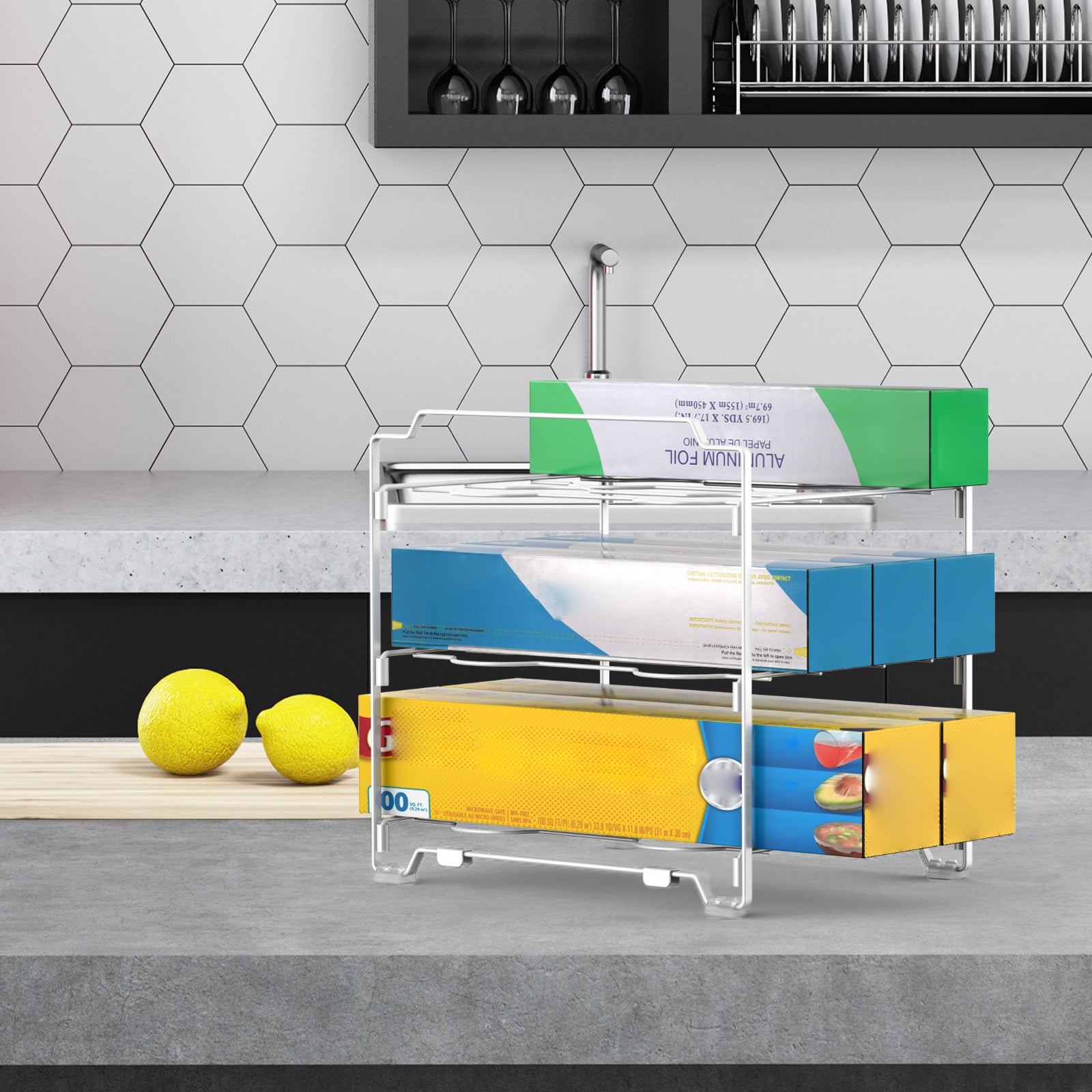 Kitchen Wrap & Foil Organizer Rack (2-Pack) - Stackable Storage Holder for Aluminum Foil and Plastic Wrap