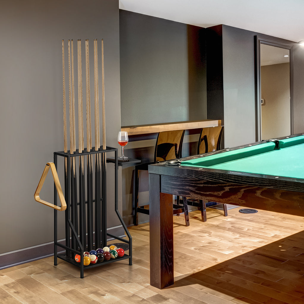Space-Saving Bamboo Pool Cue Rack - Floor Stand Holder for 10 Billiard Sticks & Balls, Black