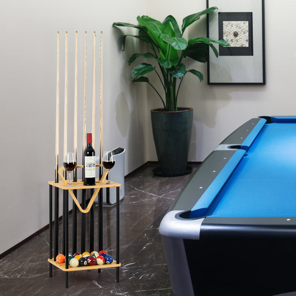 Premium Wooden Pool Cue Rack - Floor-Standing 6-Cue Holder with Accessory Tray, Natural Wood Finish