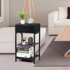 Narrow End Table with Charging Station & Flip-Top Storage, Industrial Side Nightstand with Hidden Drawer & Shelves for Small Spaces,