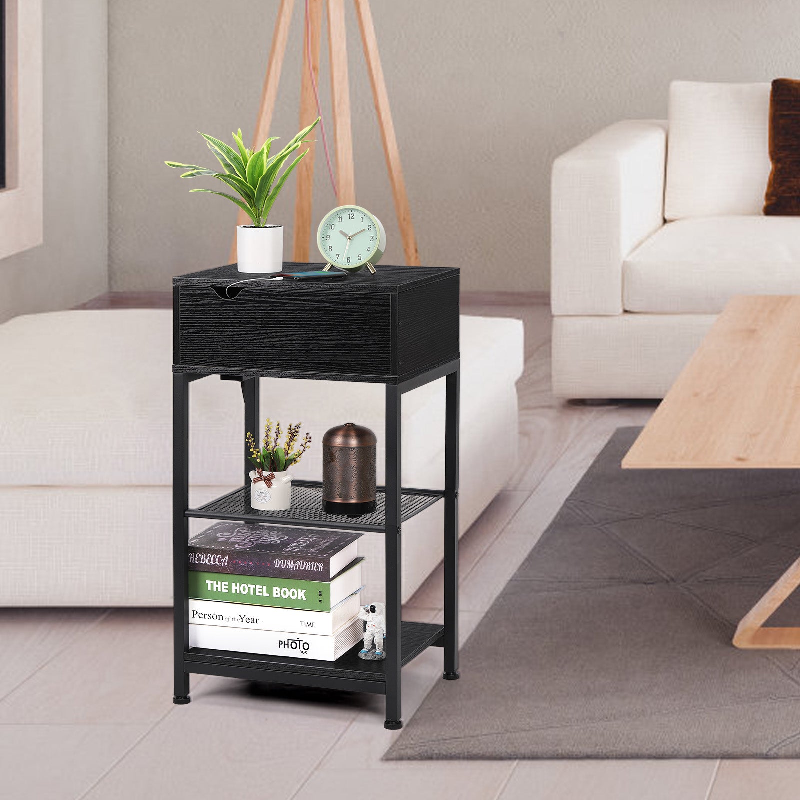 Narrow End Table with Charging Station & Flip-Top Storage, Industrial Side Nightstand with Hidden Drawer & Shelves for Small Spaces,