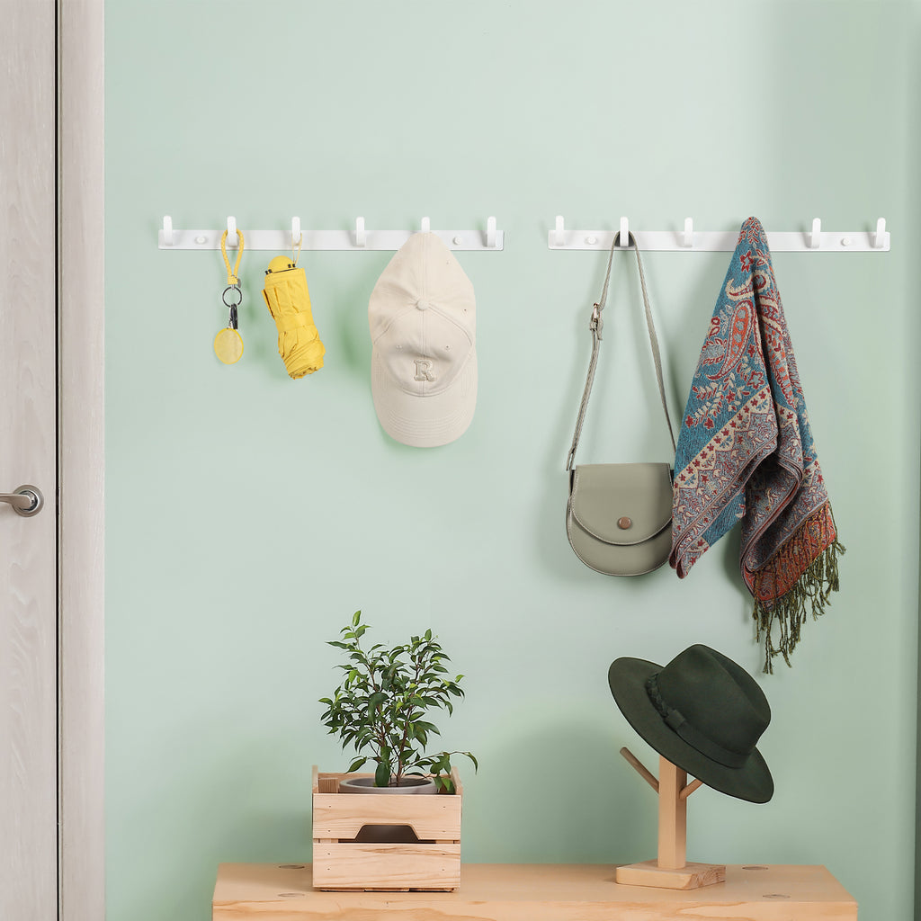 Set of 6 White Adhesive Wall Hooks for Bathroom and Kitchen, Heavy Duty Rustic Style Towel and Coat Hangers, Simple Installation