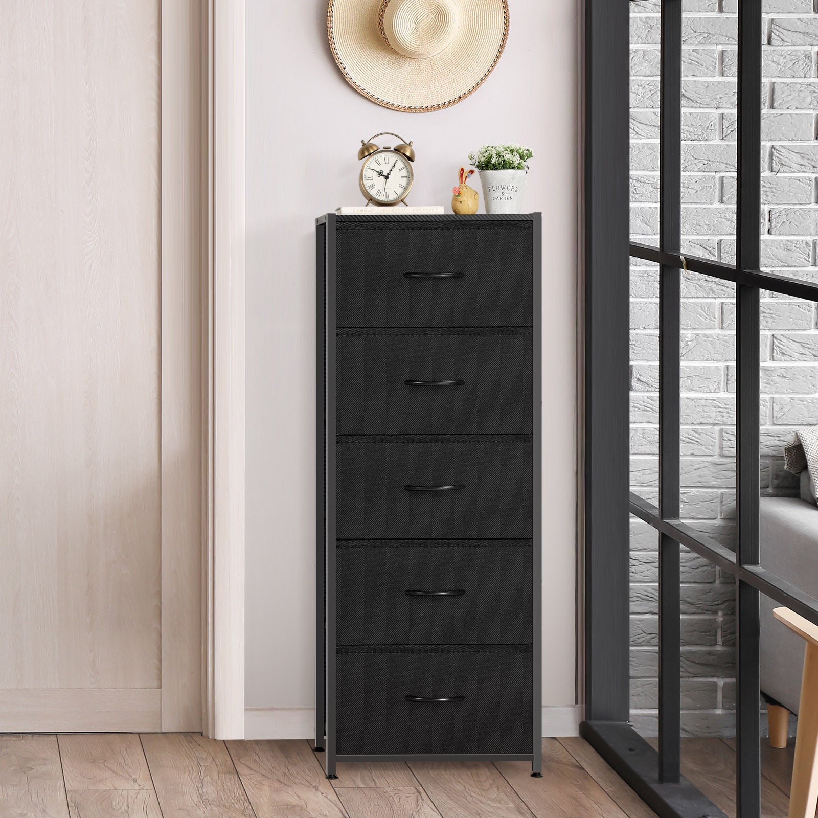 5-drawer bedroom storage cabinet with high fabric storage drawers, a tower-style storage rack with wooden top, suitable for wardrobes, living rooms, corridors, entrances, metal frame, black