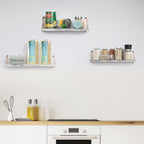 Distressed Wood Floating Wall Shelves with Gold Brackets - Decorative 3-Piece Set for Plants and Room Decor
