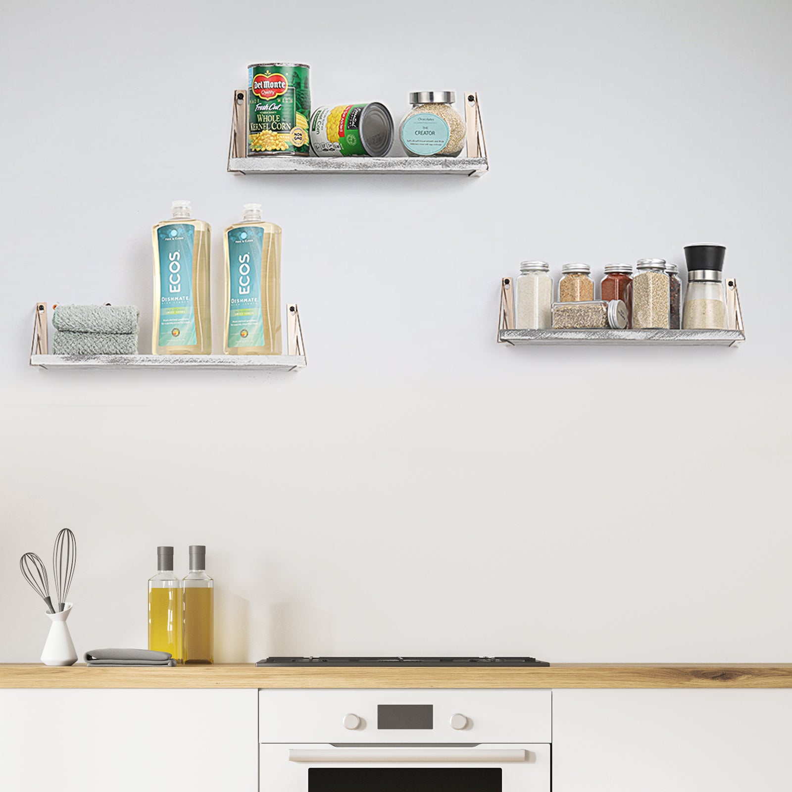 Distressed Wood Floating Wall Shelves with Gold Brackets - Decorative 3-Piece Set for Plants and Room Decor