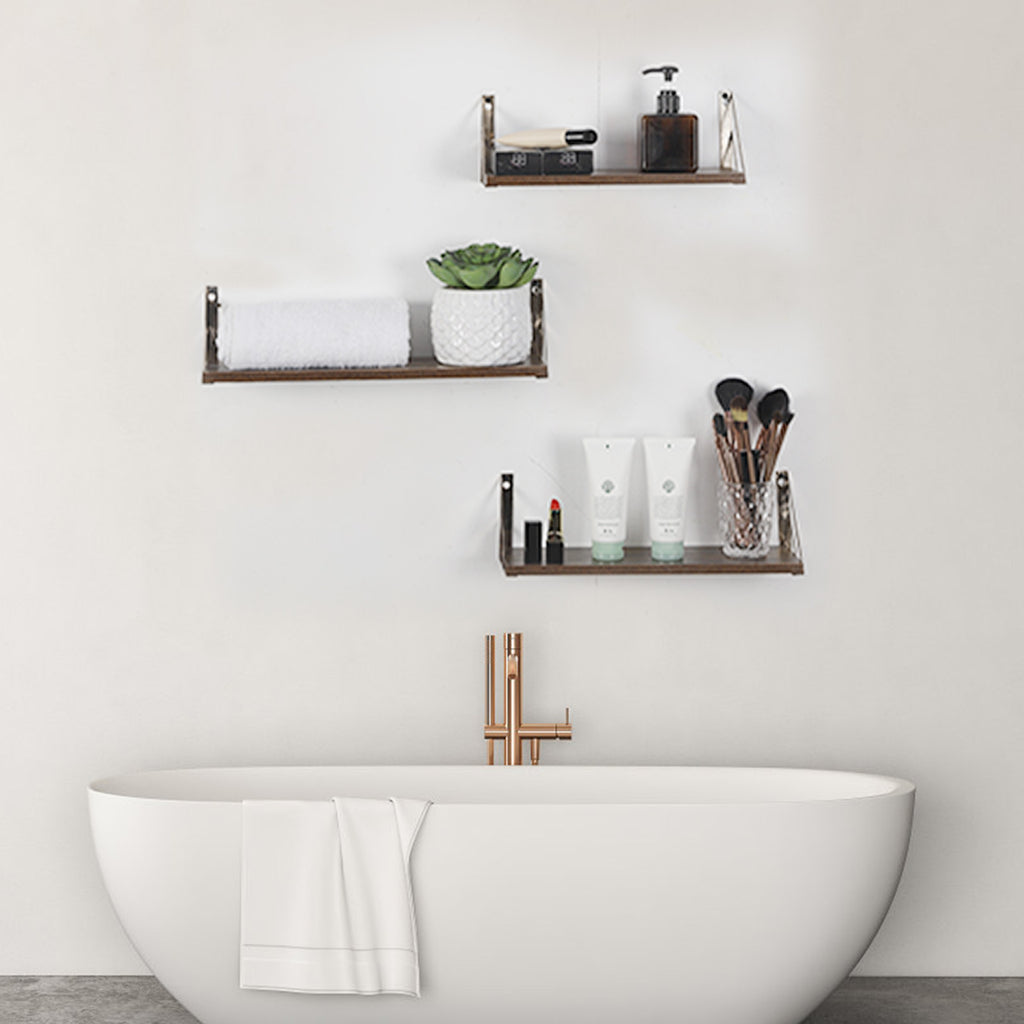 Rustic Brown Floating Wall Shelves with Metal Frame - 3-Piece Set for Bathroom, Kitchen, and Living Room