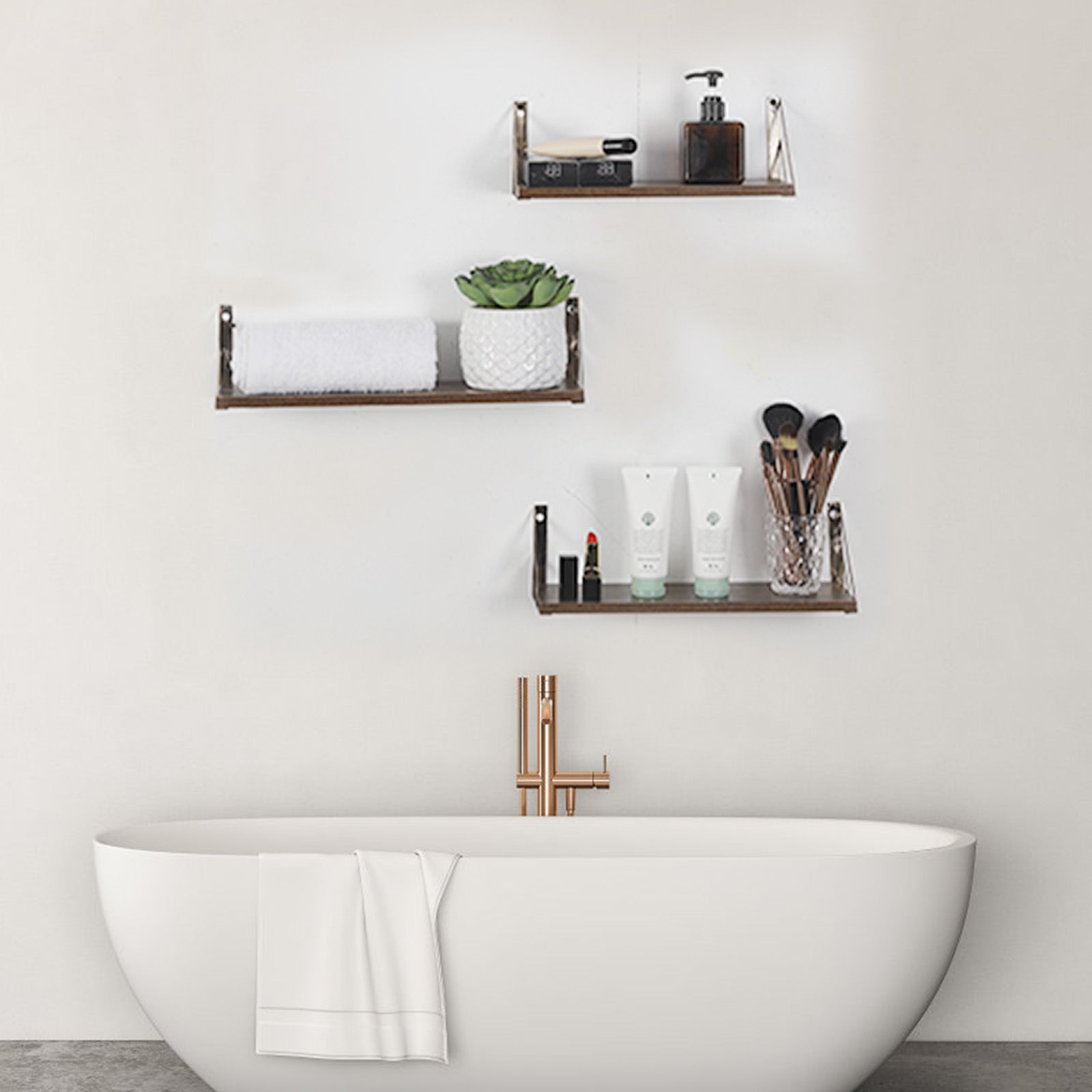 Rustic Brown Floating Wall Shelves with Metal Frame - 3-Piece Set for Bathroom, Kitchen, and Living Room