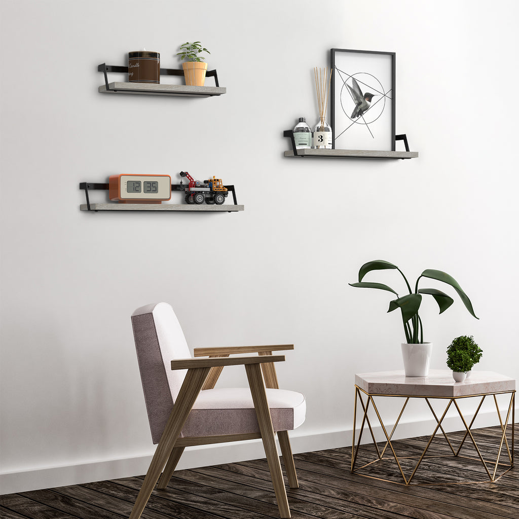 Rustic Wooden Floating Shelves Set of 3 - Wall Mounted Decorative Display Racks for Living Room & Bedroom
