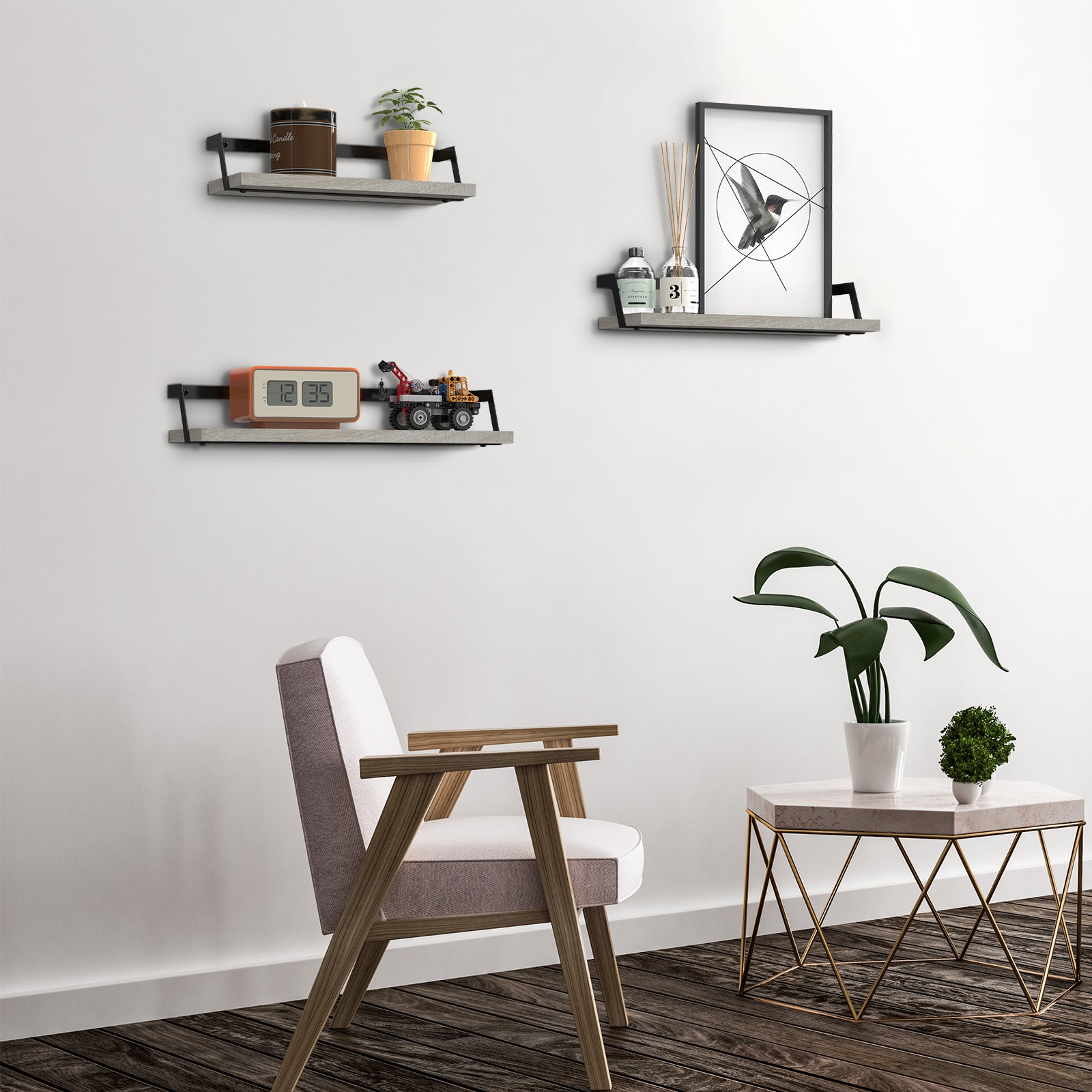 Rustic Wooden Floating Shelves Set of 3 - Wall Mounted Decorative Display Racks for Living Room & Bedroom