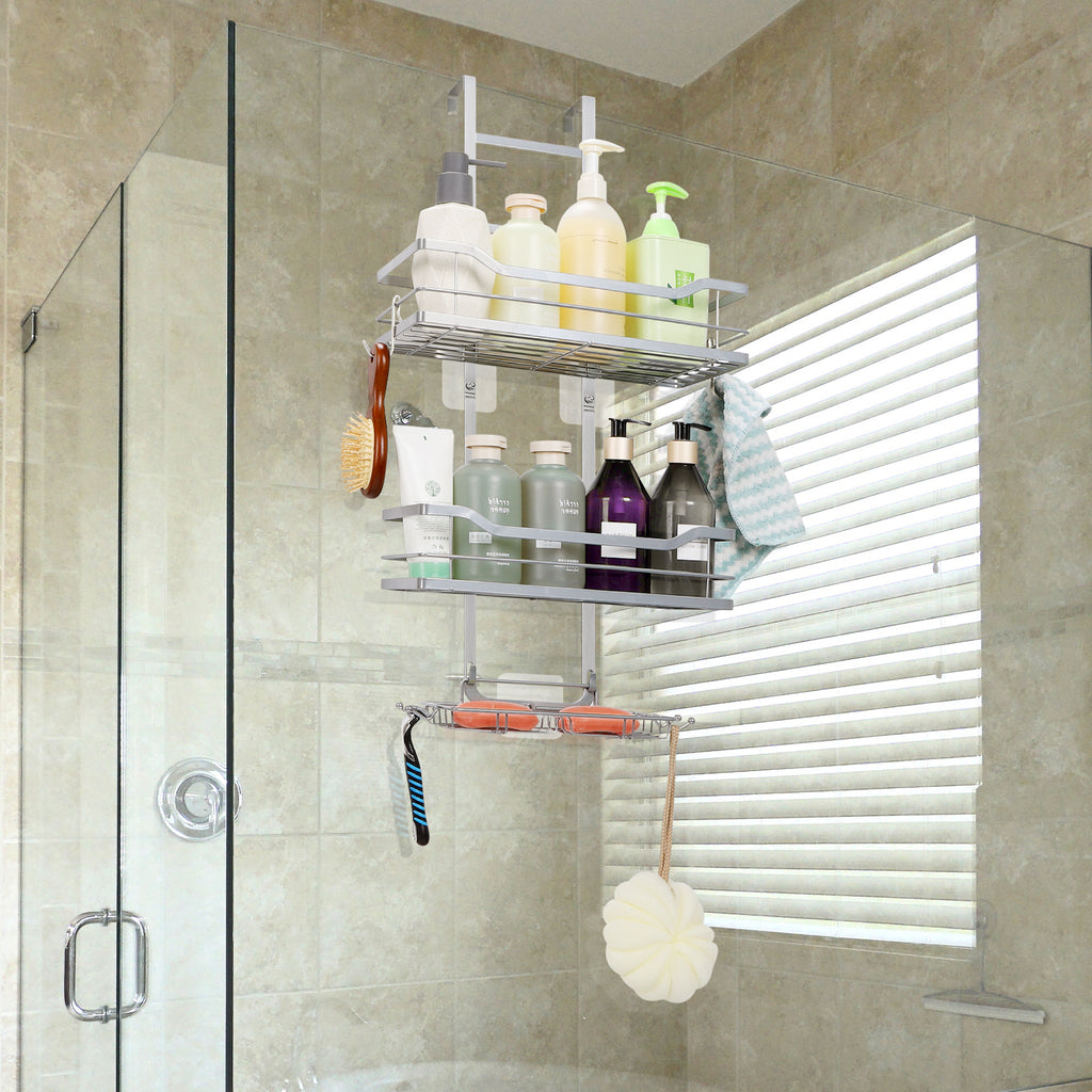 Behind the door, hanging, stainless steel, bathroom metal shelves hanging from the shower screen, shower basket shelves without drilling, bathroom storage shelves with hooks