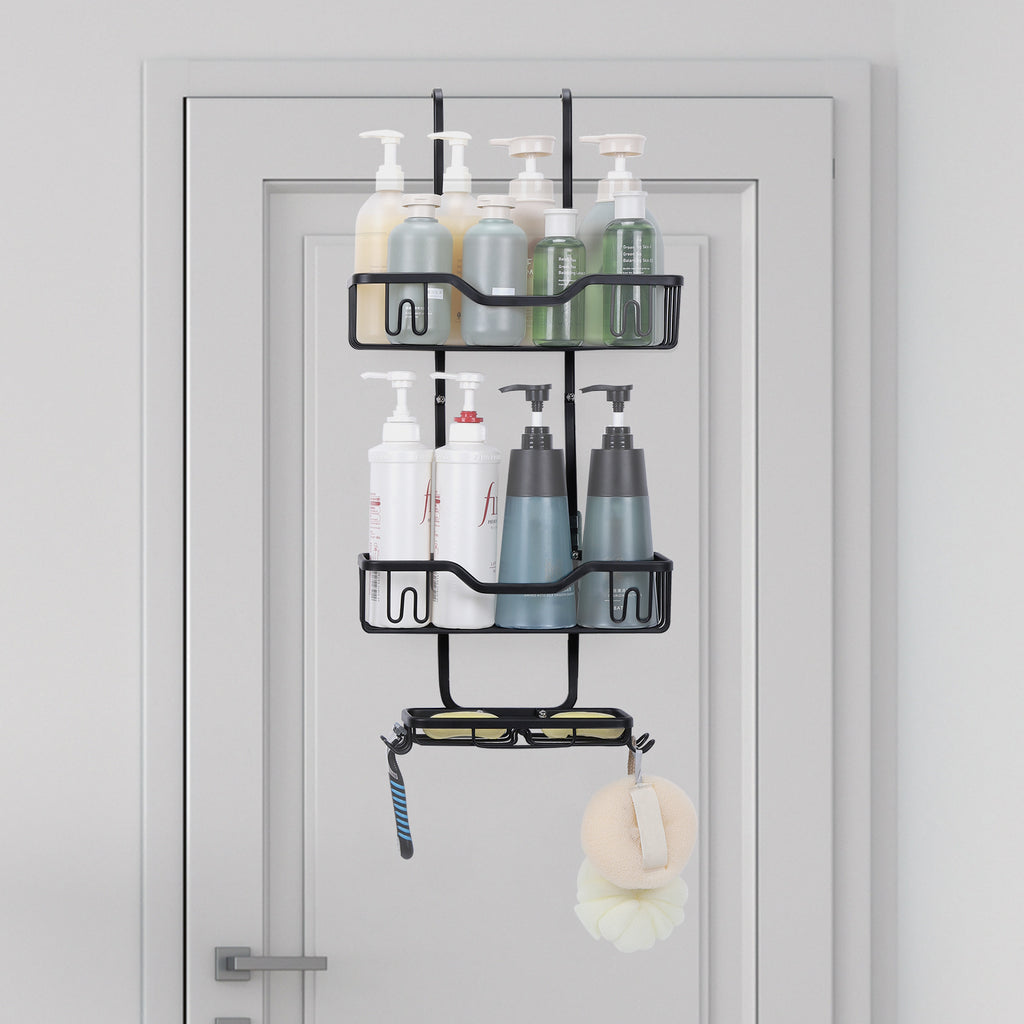 Shower organizer rack with 4 hooks, bathroom hanging shower box, rust and waterproof shower storage rack for shampoo, conditioner, soap, bath sponge, black