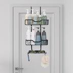 Shower organizer rack with 4 hooks, bathroom hanging shower box, rust and waterproof shower storage rack for shampoo, conditioner, soap, bath sponge, black