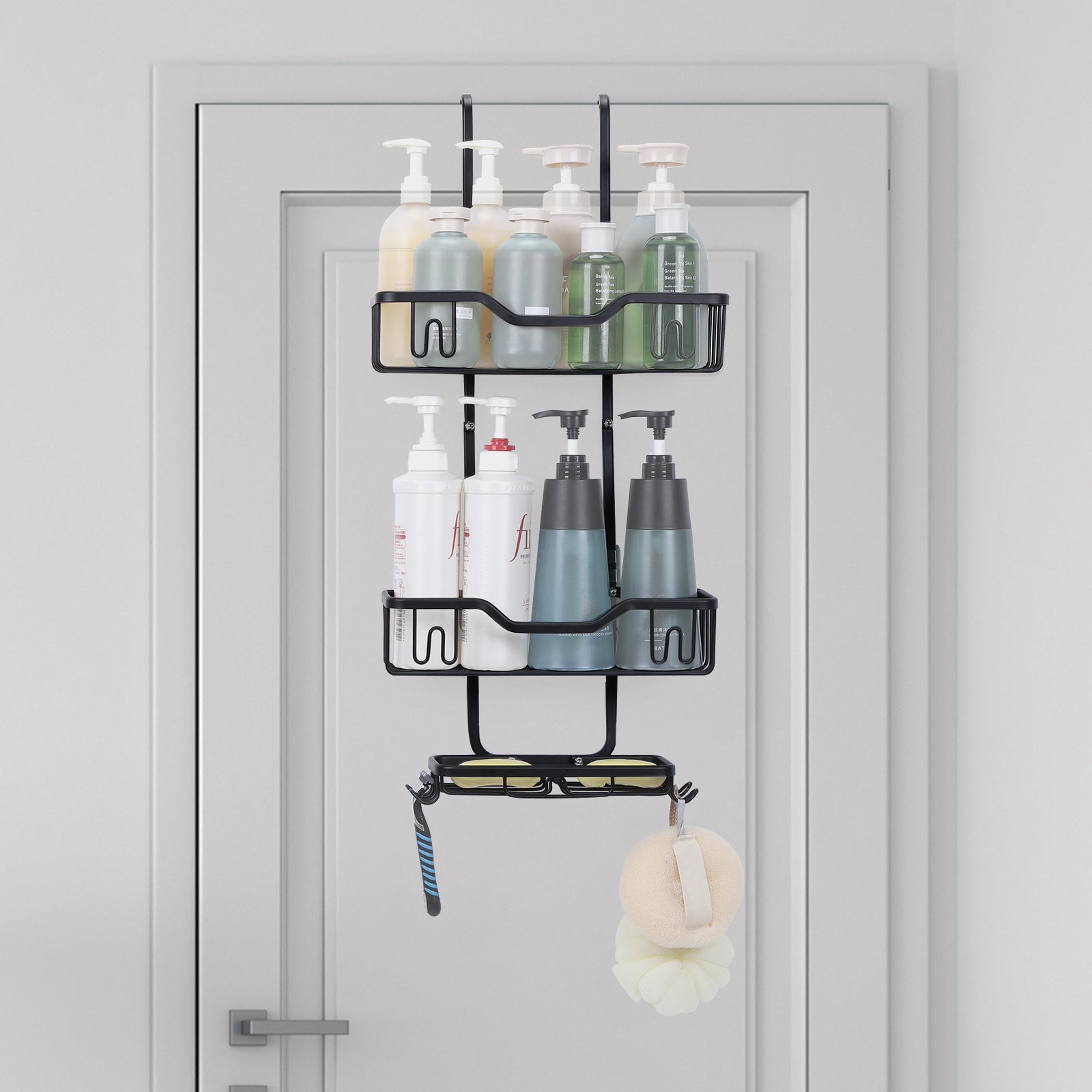 Shower organizer rack with 4 hooks, bathroom hanging shower box, rust and waterproof shower storage rack for shampoo, conditioner, soap, bath sponge, black