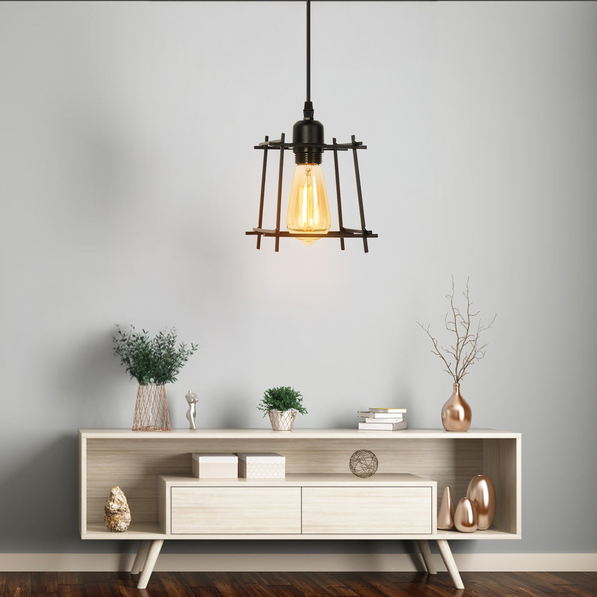 Vintage, Industrial Chandelier, Adjustable Ceiling Light, Minimalist Style Cage Design, Kitchen Island, Dining Room, Living Room, Corridor, Bar, Black Metal Lighting Fixtures (Bulbs Not Included)
