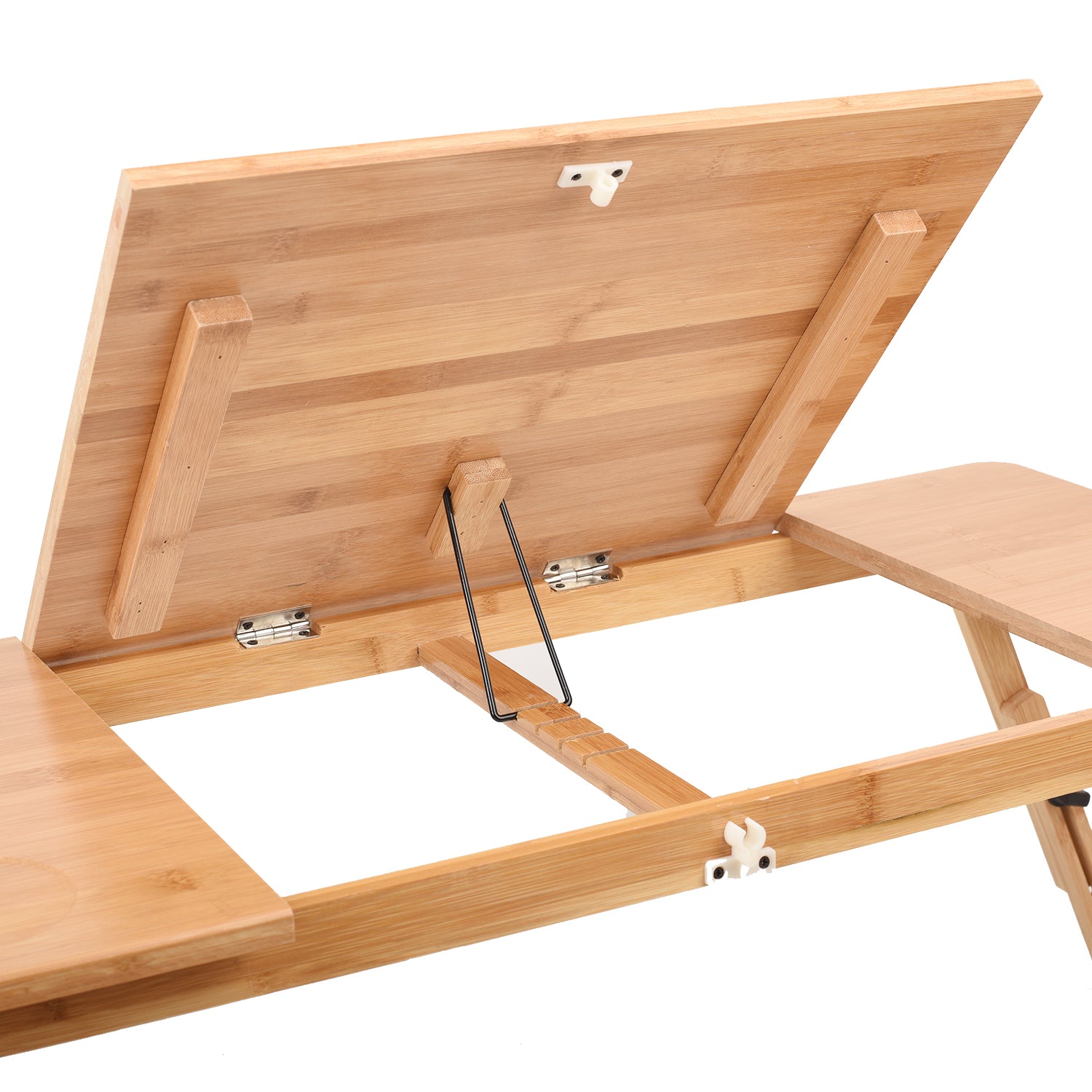 Large Ambidextrous Bamboo Bed Tray for Laptops, Tilting Surface Breakfast Table with Storage Drawer