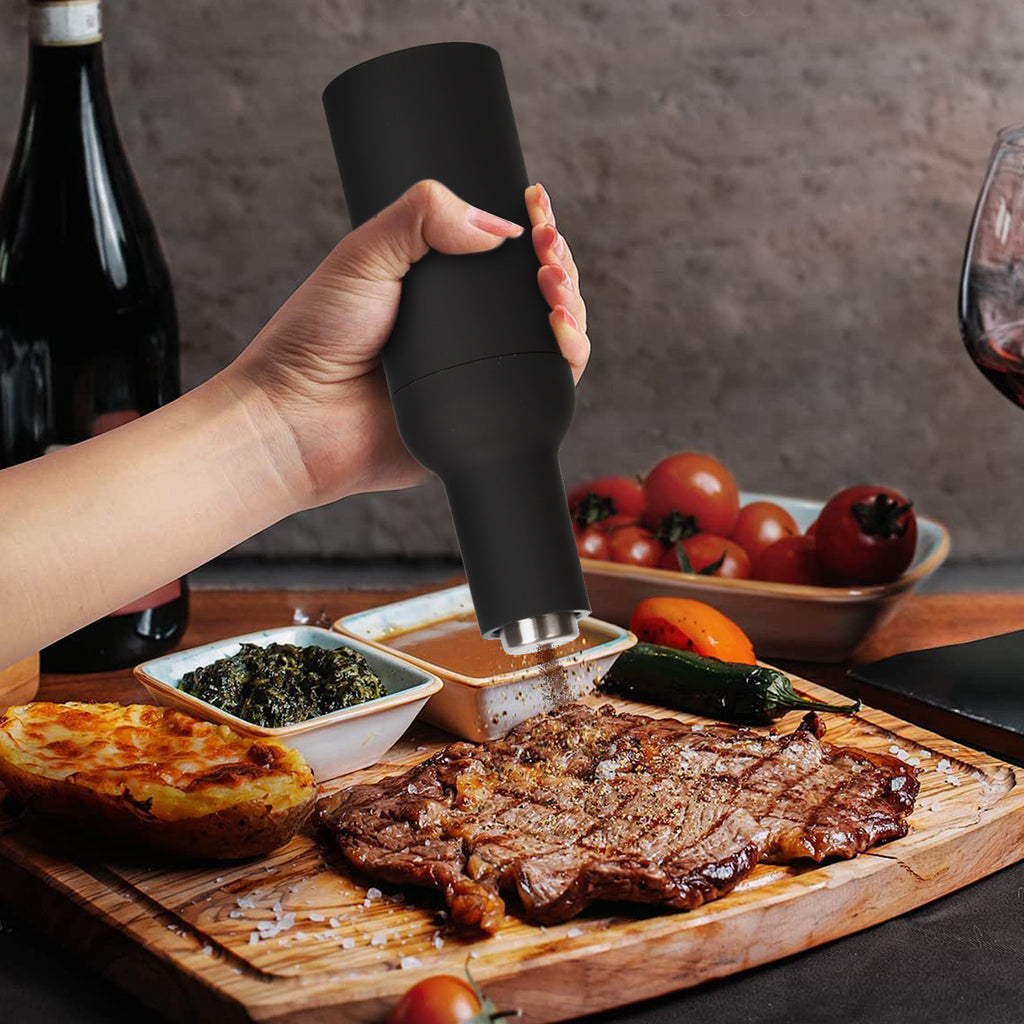 Gravity Automatic Salt and Pepper Grinder Set - Electric Battery Operated Mill with LED Light, Black & White