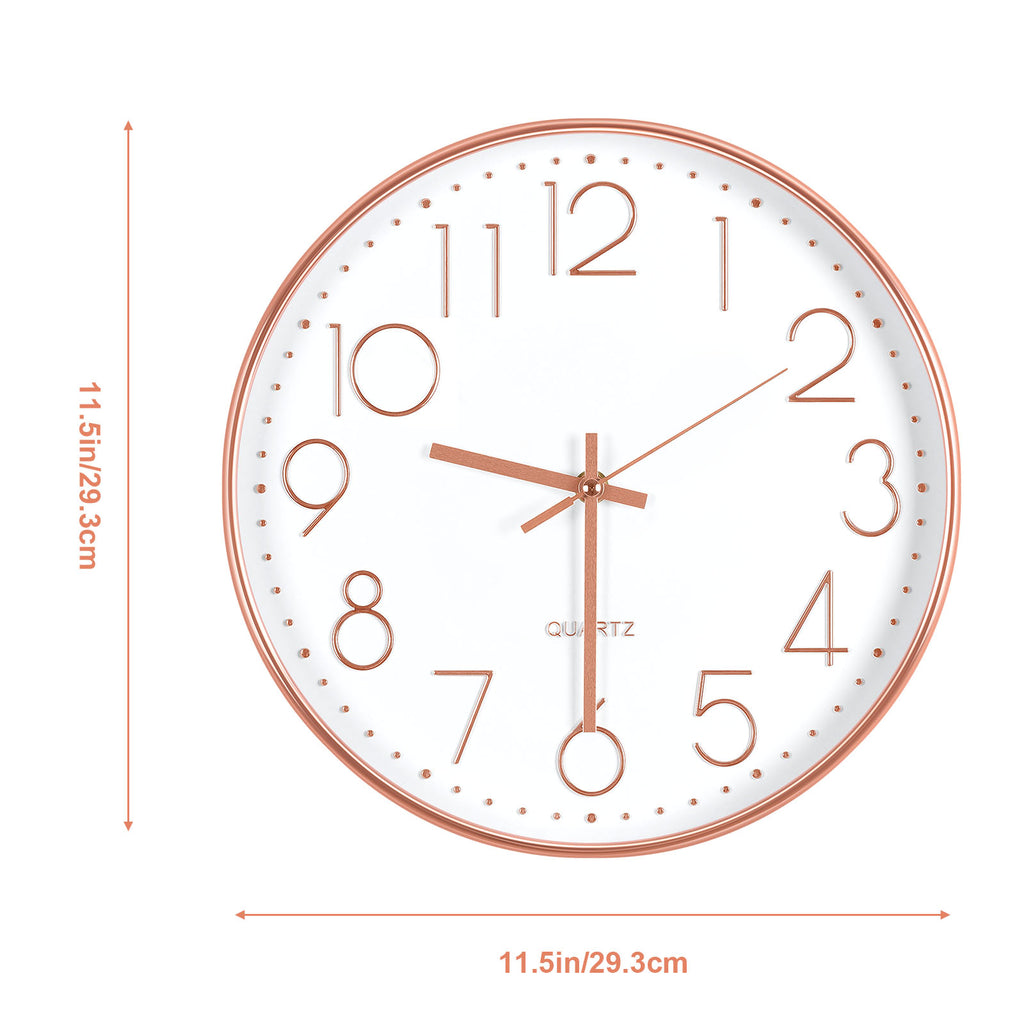 12 Inch Rose Gold Silent Wall Clock - Modern Minimalist Non-Ticking Clock for Living Room, Bedroom, Kitchen, Battery Operated, Large Easy-to-Read Display