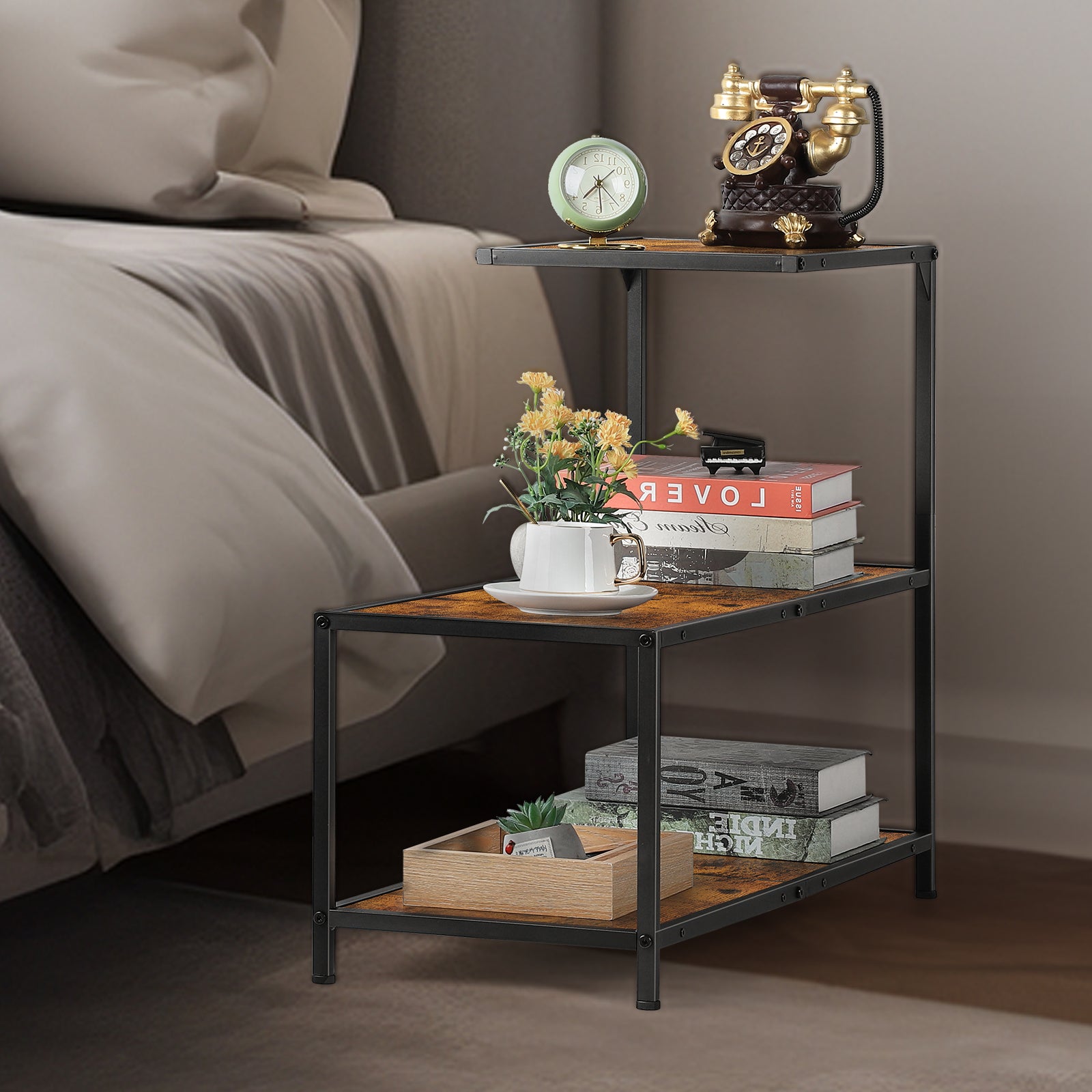 Sofa Side Table Narrow End Table for Small Space 3 Tier Side Table with Storage Shelf Slim Bedside Nightstand for Bedroom Living Room