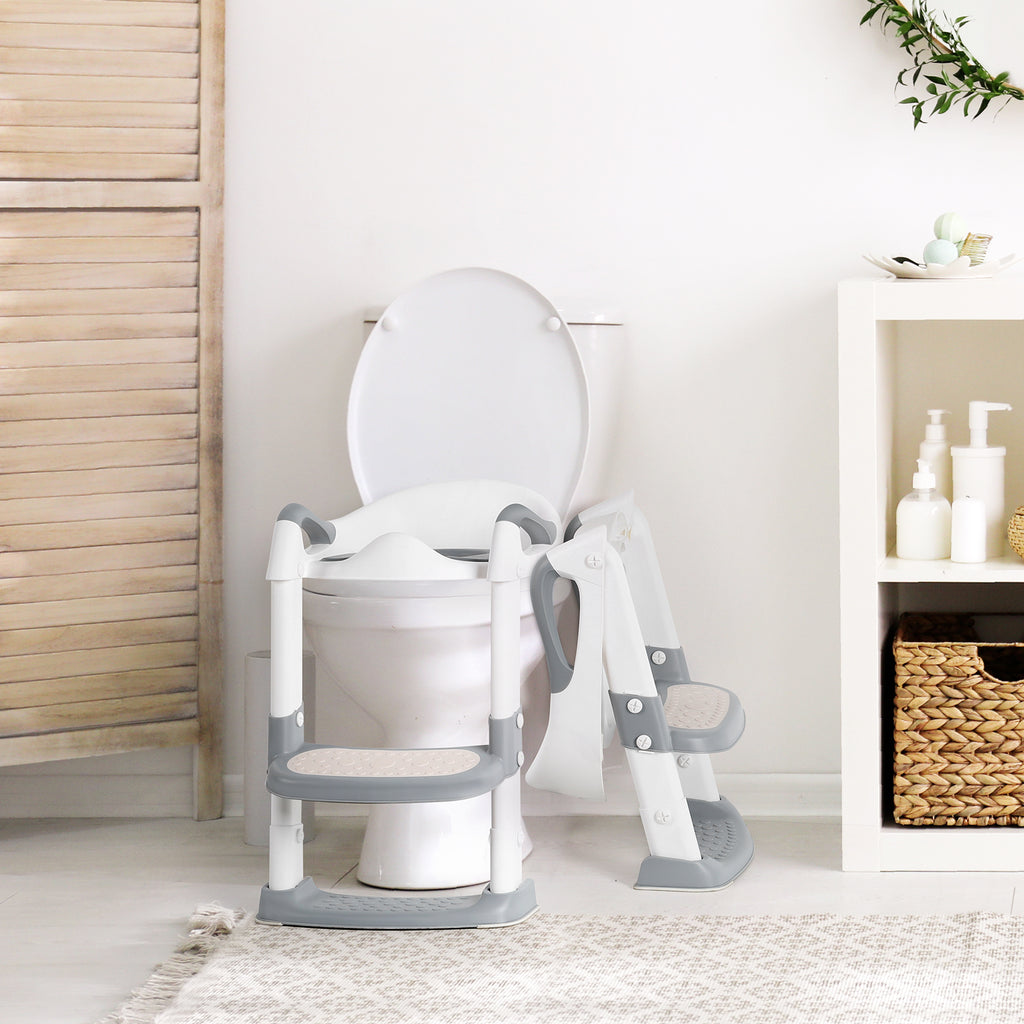 Toddler Potty Training Seat with Adjustable Step Stool Ladder, Non-Slip Bathroom Toilet Trainer for Boys and Girls, Grey and White