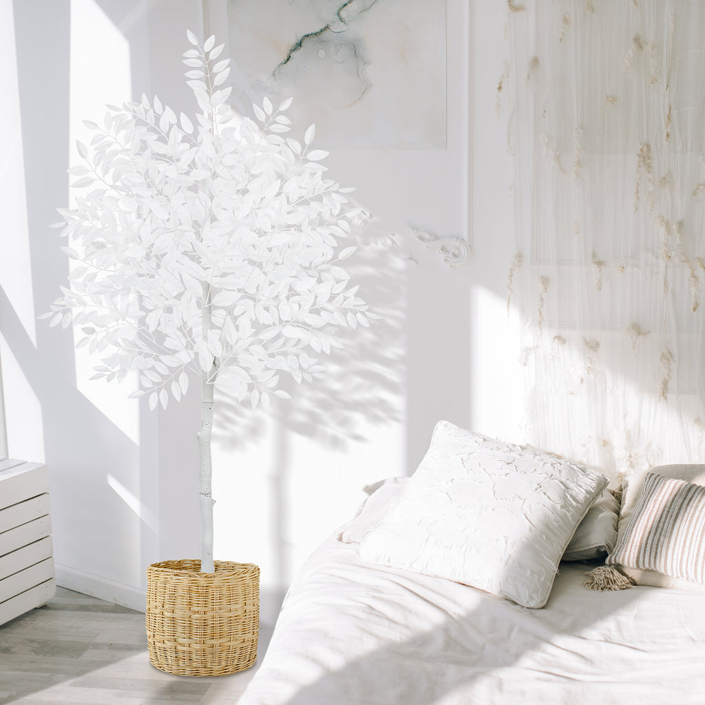 6ft Artificial Ficus Tree with White Silk Leaves, Tall Unique White Faux Plant in Pot for Modern Wedding & Home Office Decor
