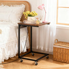Set of 2 C-Shaped Side Tables with Wheels & Charging - Mobile Snack Trays for Couch, Industrial Brown