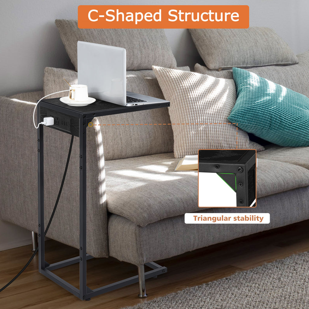 2-Pack C-Shaped Side Tables with Charging Station, USB & Power Outlet Sofa End Tables, Black