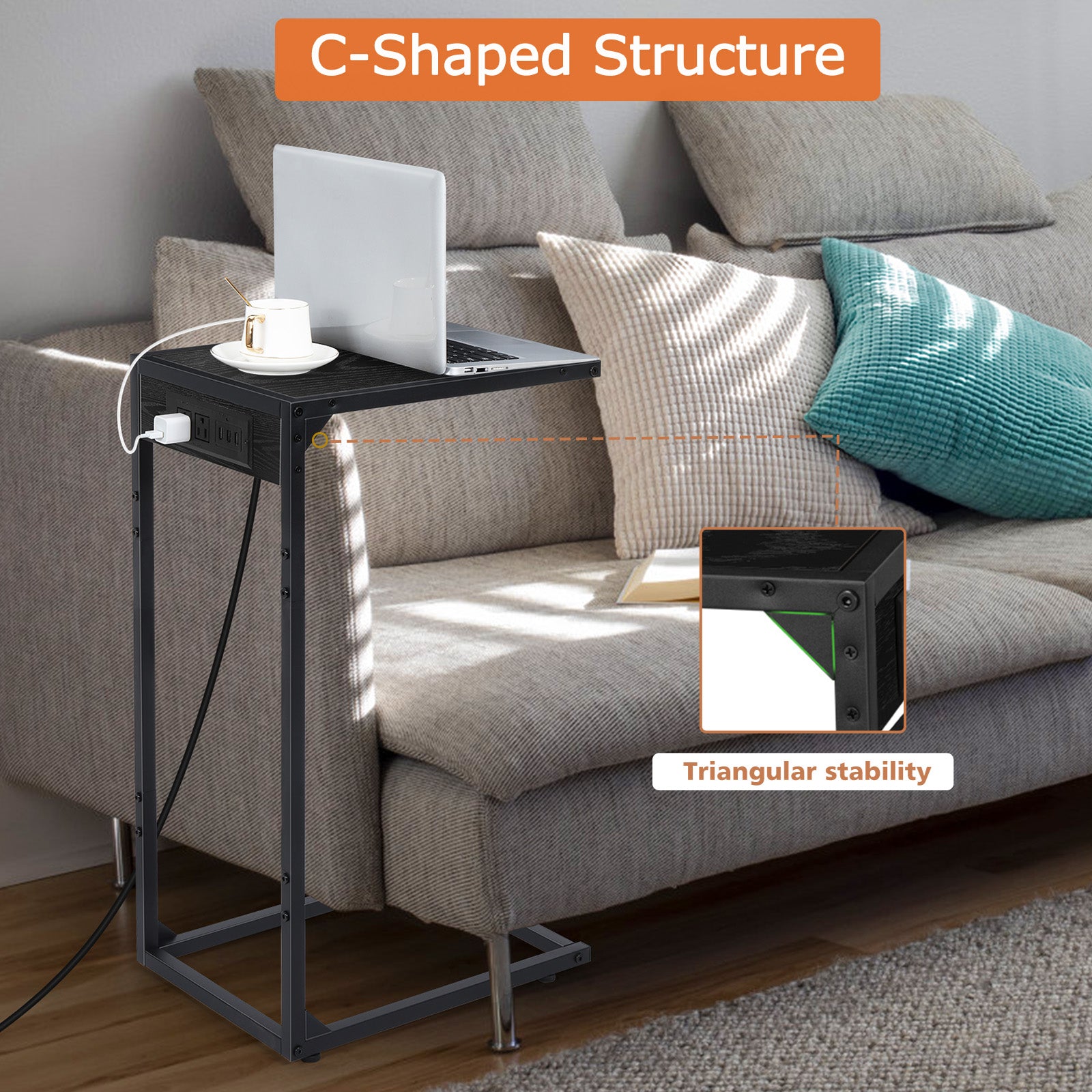 2-Pack C-Shaped Side Tables with Charging Station, USB & Power Outlet Sofa End Tables, Black