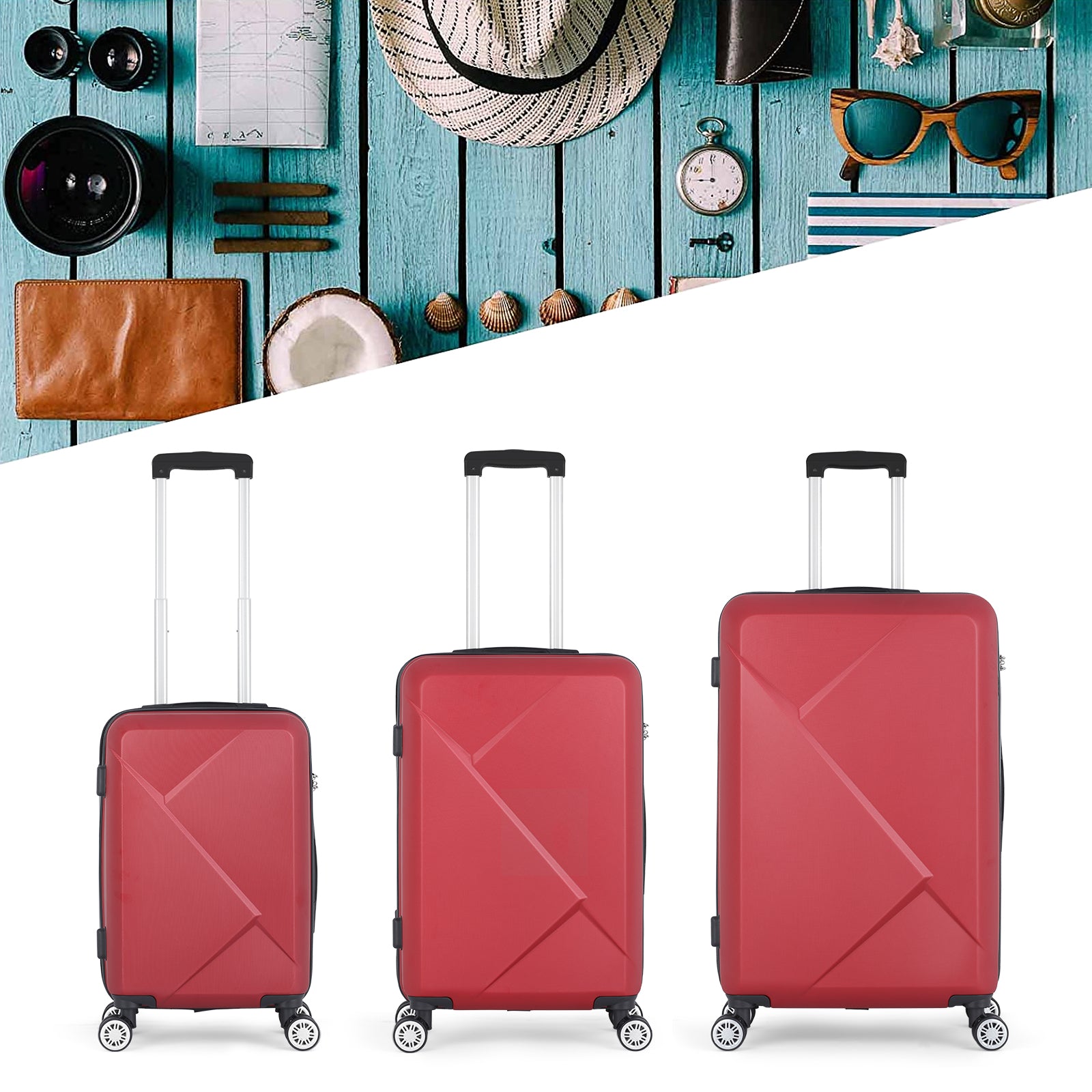 3 Piece Luggage Set, ABS Hardside Spinner Suitcases with TSA Lock, 20 /24/28 Inch Lightweight Travel Trolley Bags, Red