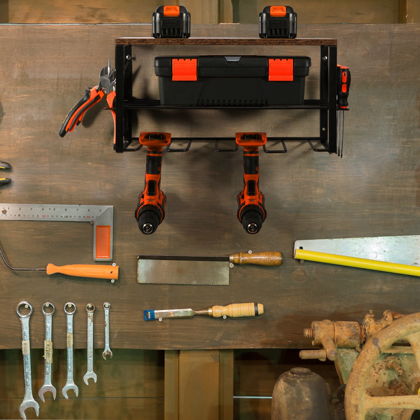 Heavy Duty Metal Wall Mount Power Tool Organizer and Garage Storage Rack for Drills and Equipment