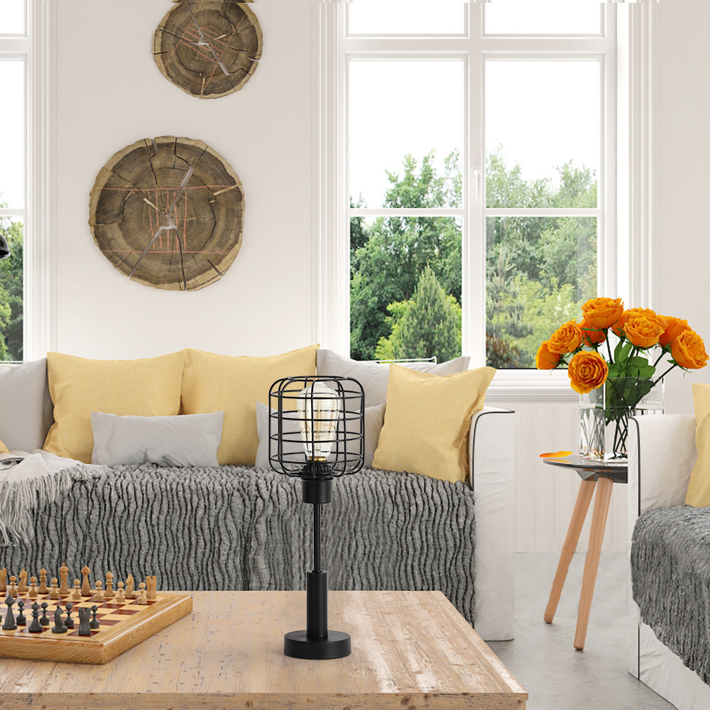 Industrial Metal Cage Table Lamp, Vintage Bedside Nightstand Light for Minimalist Decor.