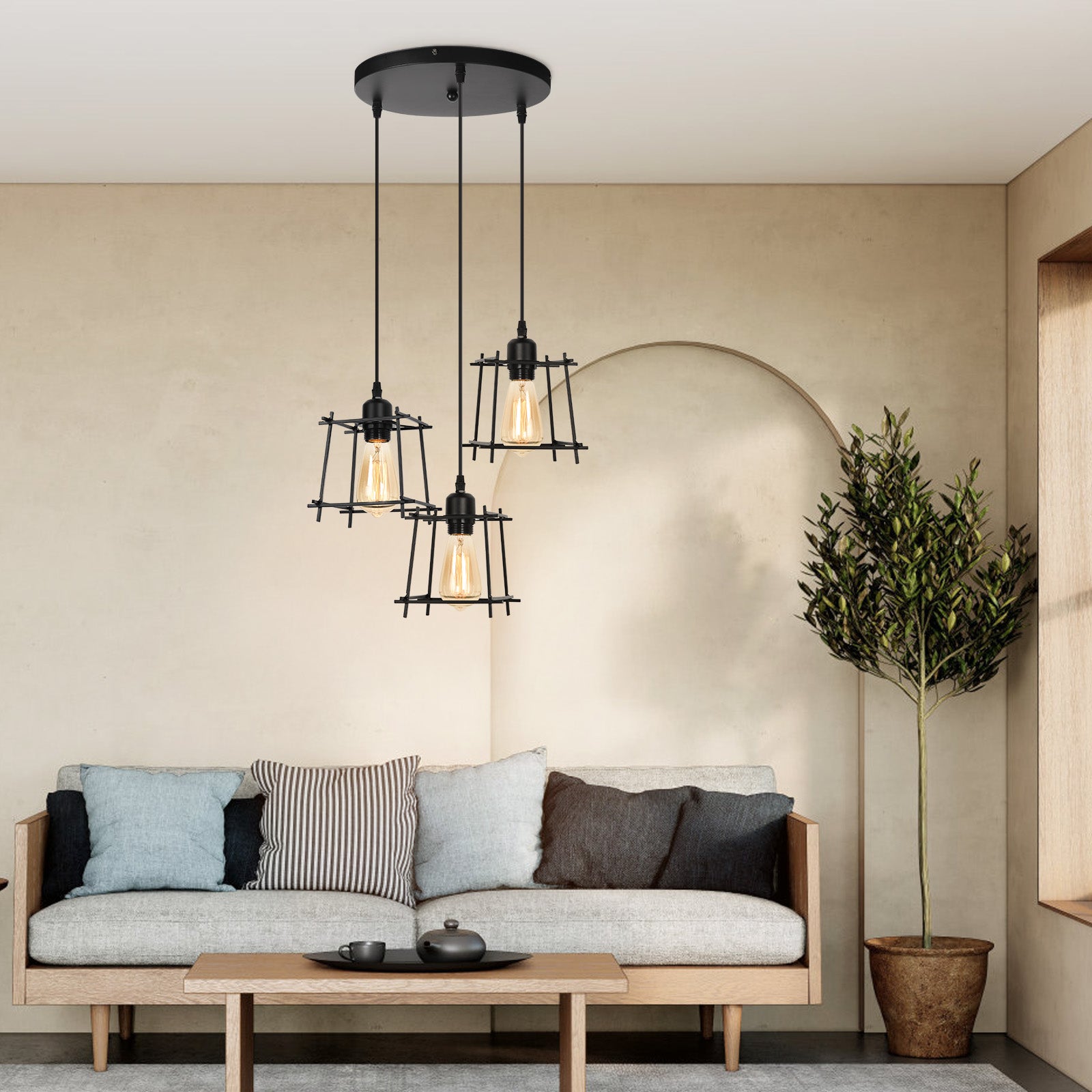 Farmhouse 3-Light Pendant Light Fixtures, Adjustable Industrial Hanging Pendant Lighting for Kitchen Island, Vintage Black Metal Cage Pendant Ceiling Lamp for Dining Room Bedroom