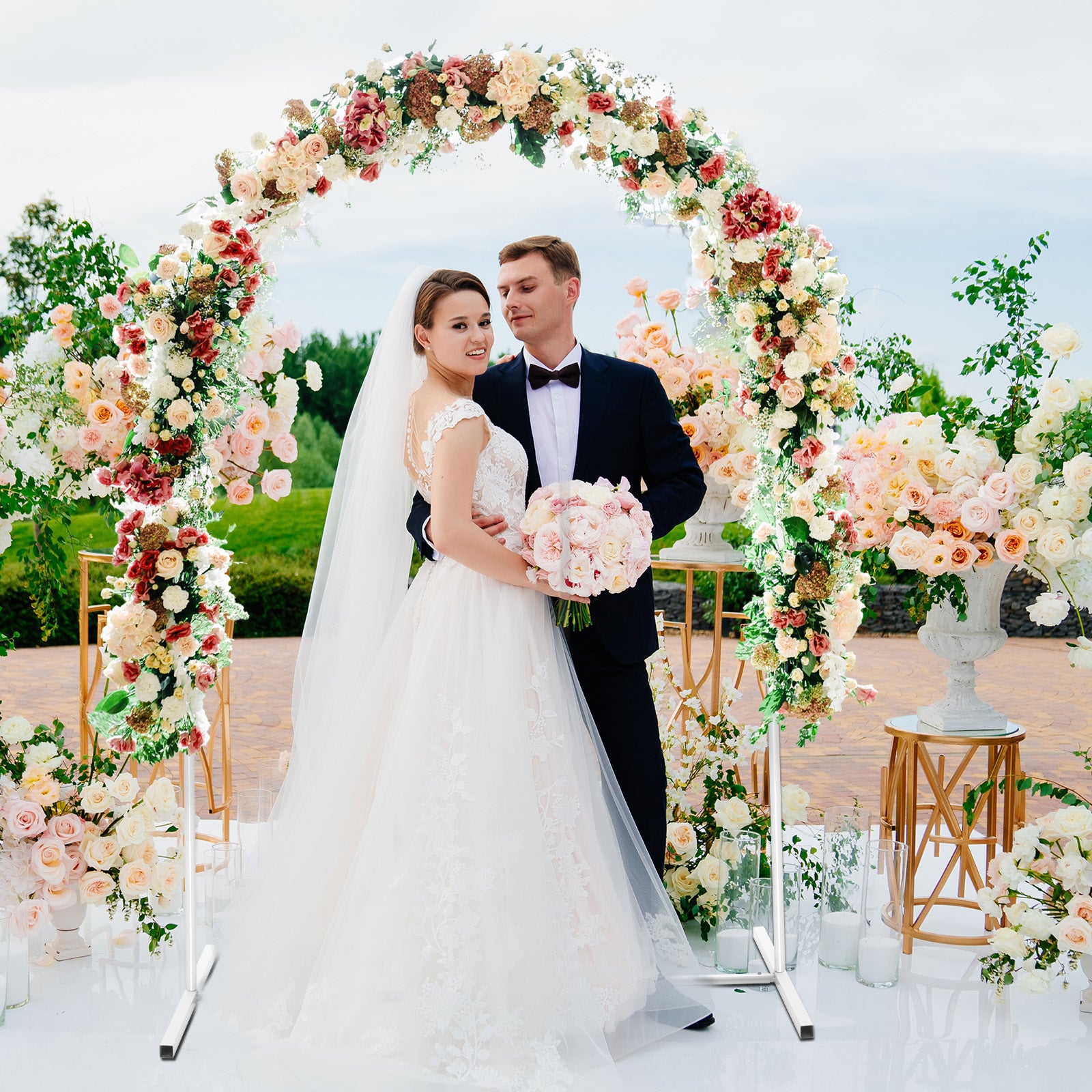 6FT Metal Square Wedding Arch Backdrop Stand Balloon Arched Frame for Ceremony Birthday Party Graduation Anniversary Background Decoration
