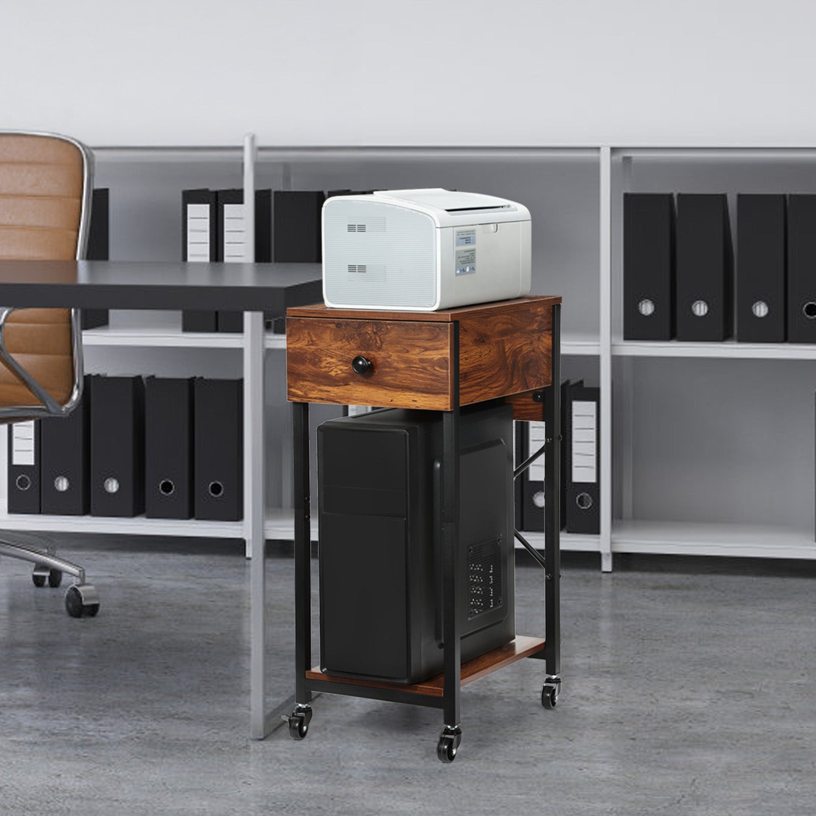 Computer Tower Stand with Charging Station & Storage Drawer, Mobile Printer Stand Table, CPU Holder Cart with 4 Lockable Wheels for Home Office,