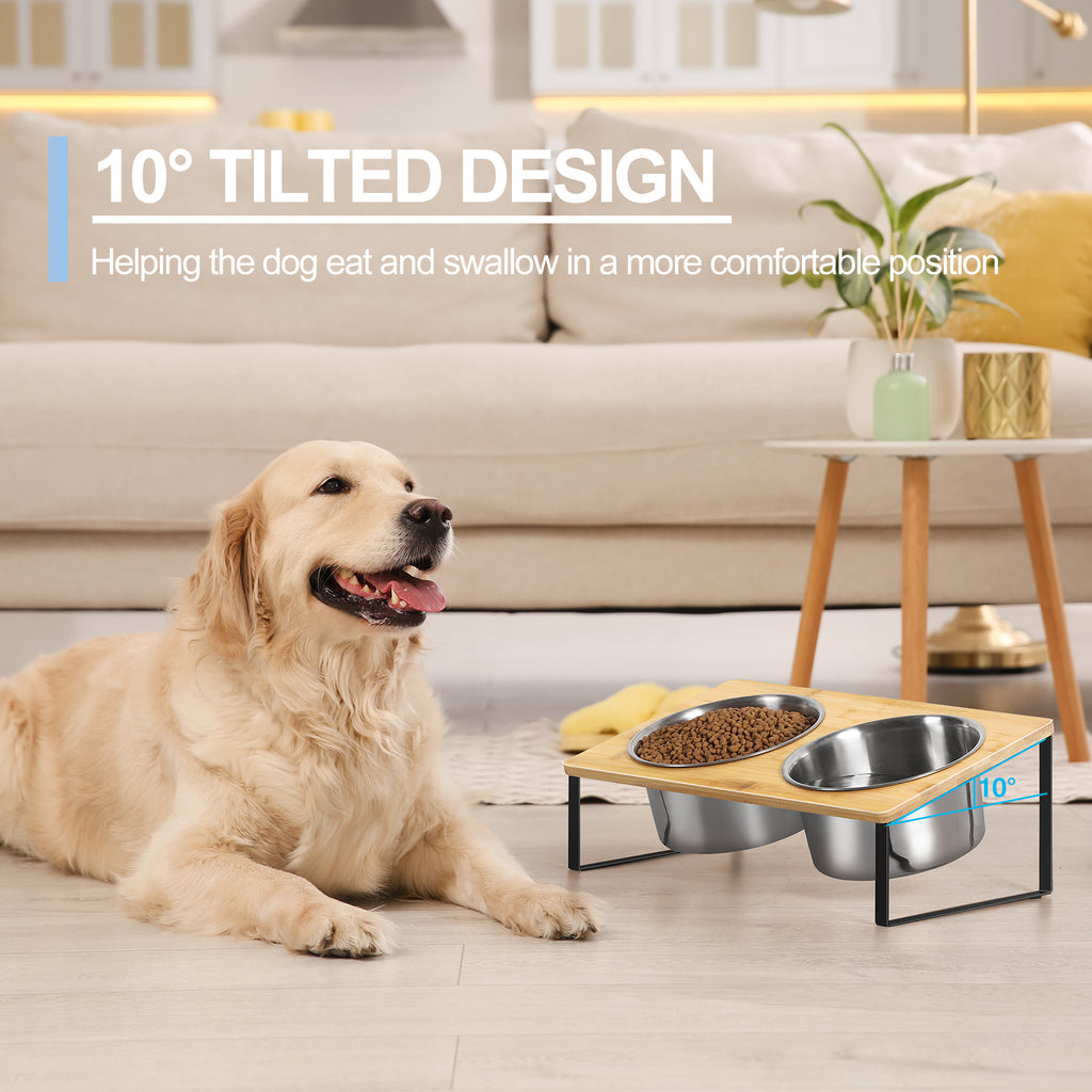 Bamboo Elevated Pet Feeder with Stainless Steel Bowls for Medium and Large Dogs, Non-Slip Natural Wood Finish Raised Stand