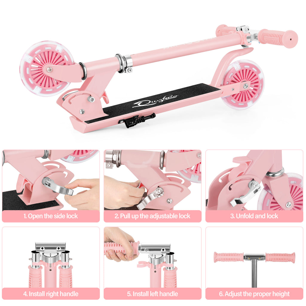 Portable 2 Wheel Kick Scooter Foldable, Lightweight Collapsible Design, Adjustable Handlebar, Durable Scooter With Sturdy Frame, Pink Scooter, Outdoor Smooth Riding, Christmas Birthday Gift-100 Lbs Capacity