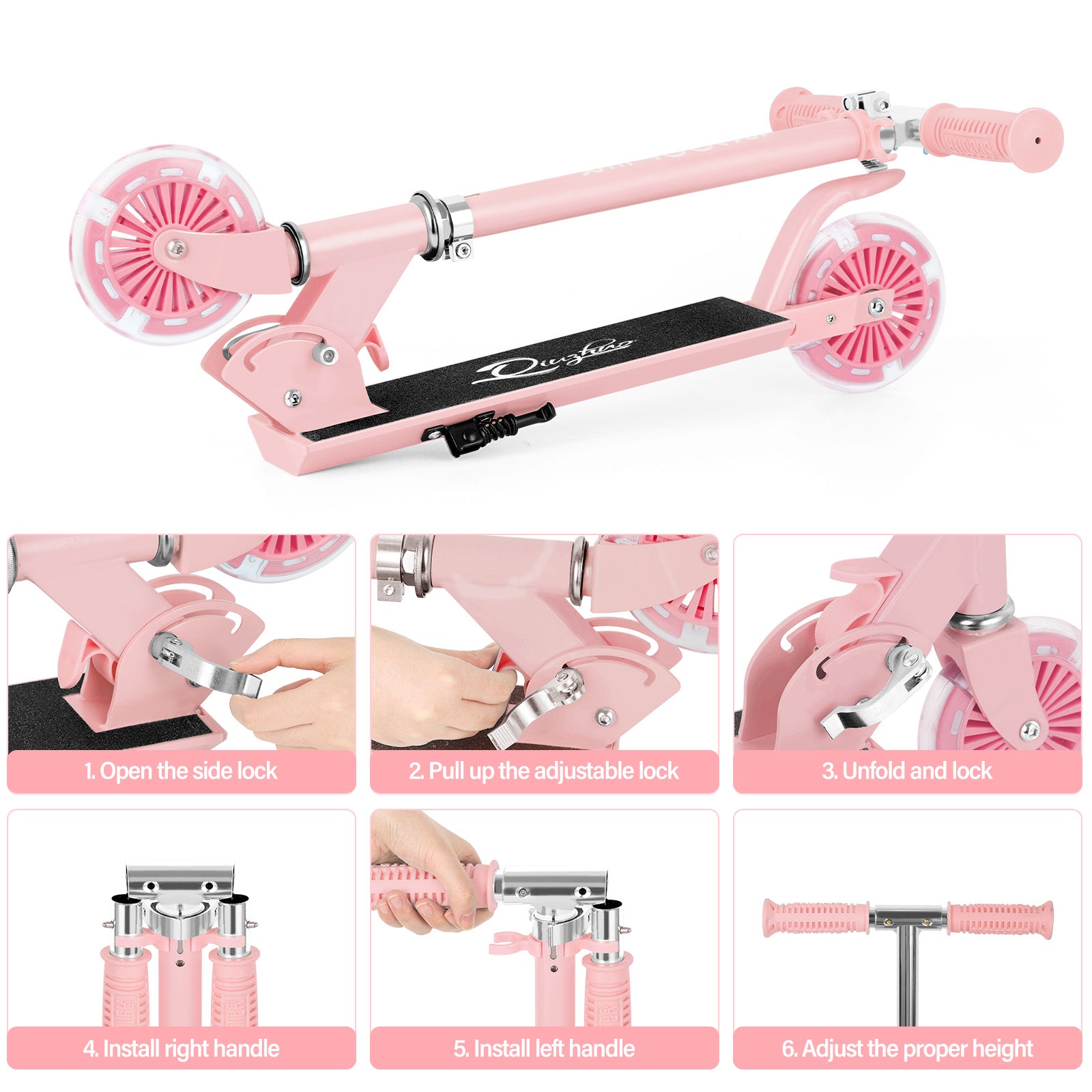 Portable 2 Wheel Kick Scooter Foldable, Lightweight Collapsible Design, Adjustable Handlebar, Durable Scooter With Sturdy Frame, Pink Scooter, Outdoor Smooth Riding, Christmas Birthday Gift-100 Lbs Capacity