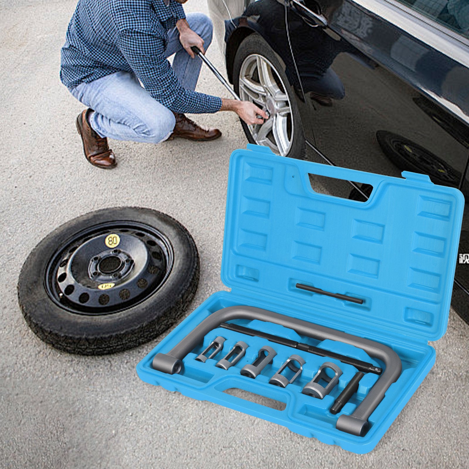 Hollow Valve Spring Compressor, 10pcs Auto Compression C-Clamp Tool Service Kit, Hollow Valve Spring Removal Tool with 5PCS Collet Pusher Adapters, Small Engine Vehicle Equipment