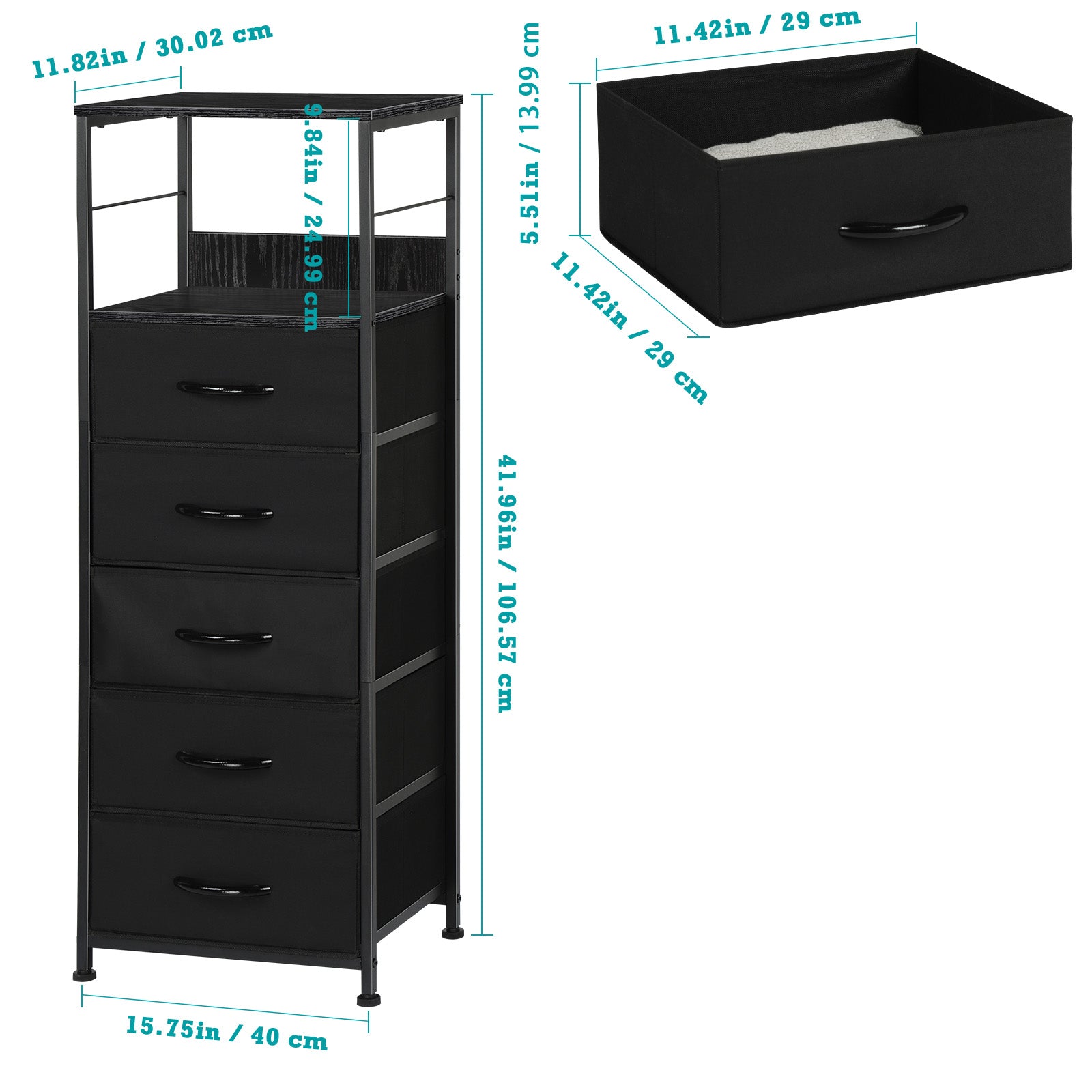 Black Fabric Dresser with 5 Drawers - Sturdy Steel Frame & Wood Top, Multi-Use Organizer