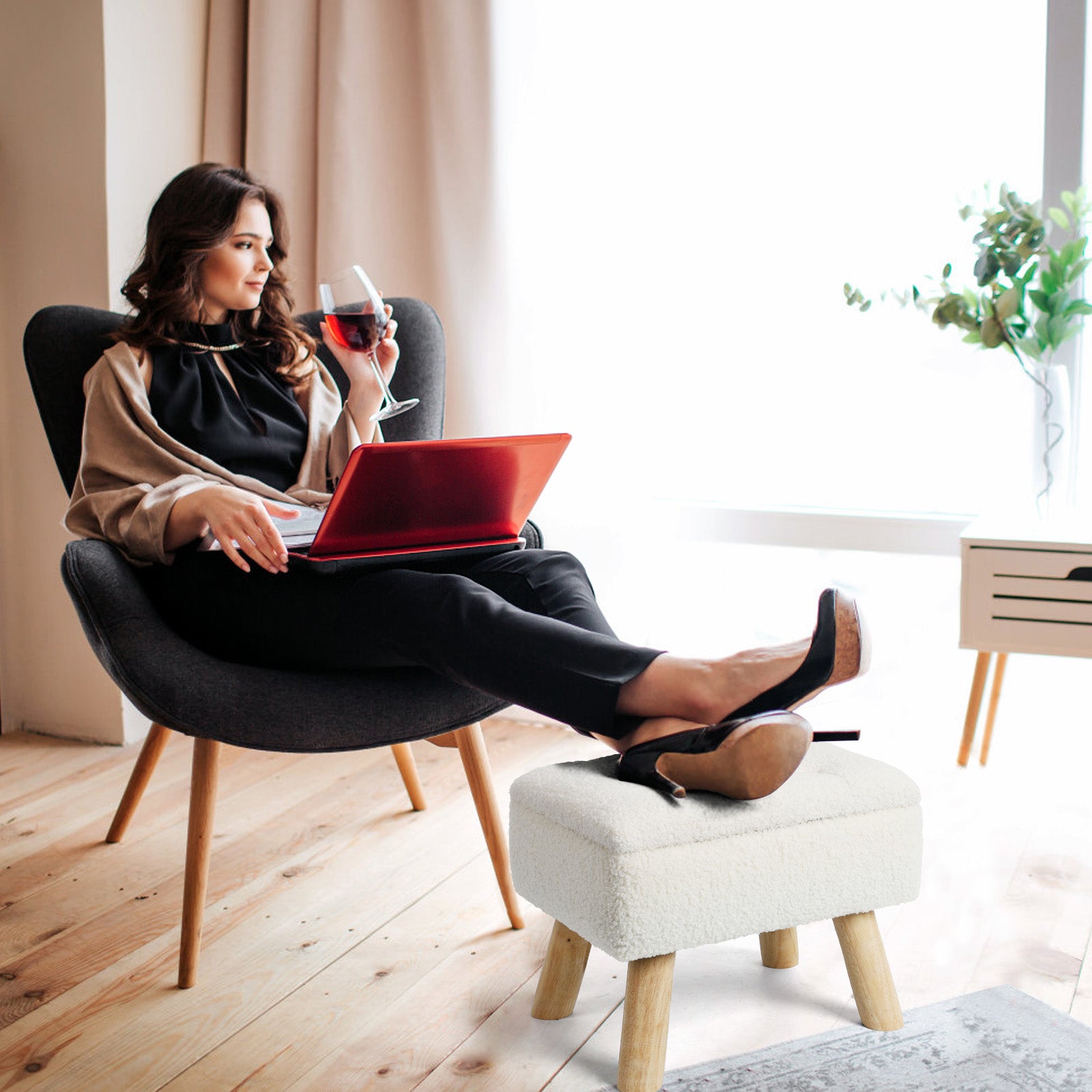 Cozy BouclÃ© Storage Ottoman | Chic Teddy Velvet Footstool with Natural Wood Legs