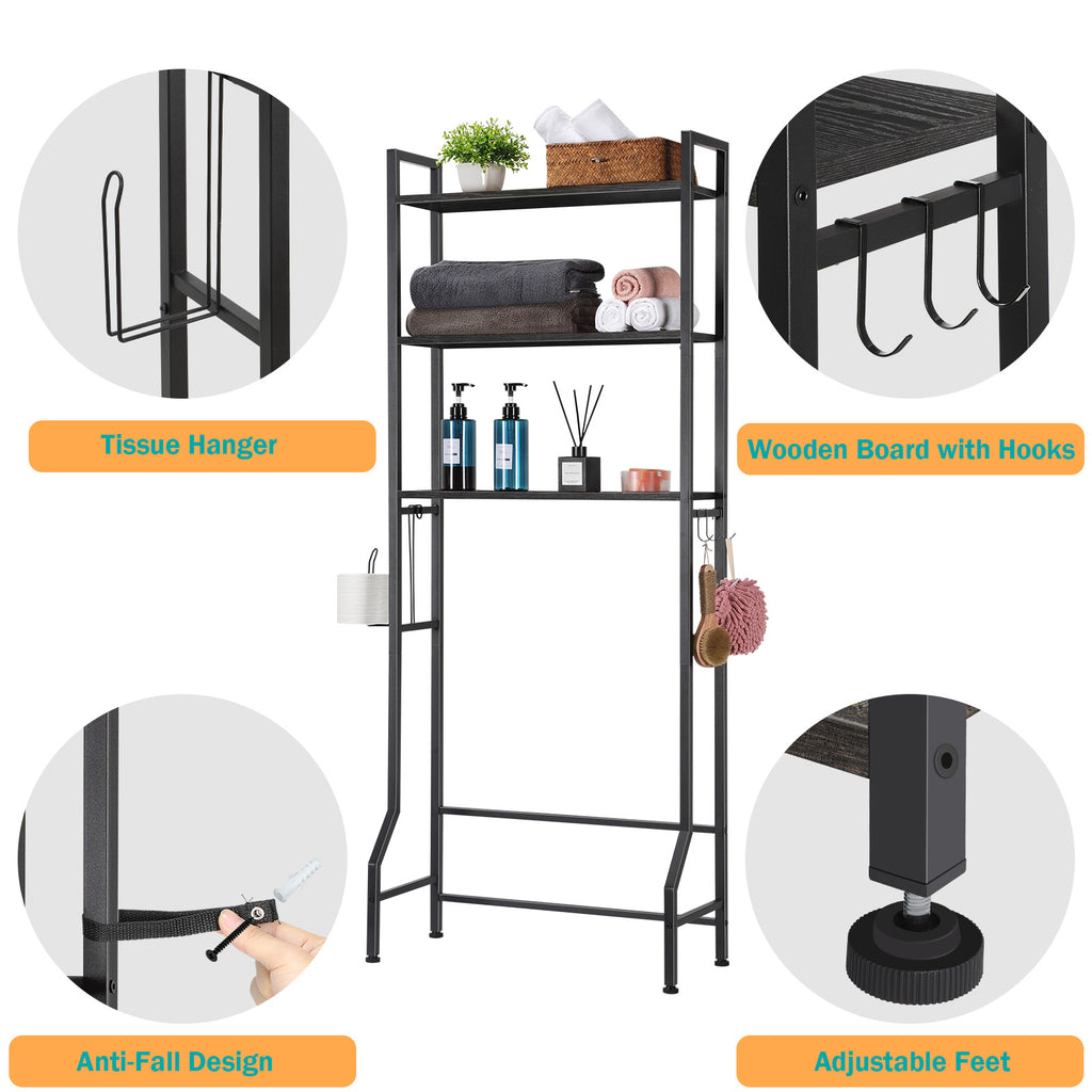 3-Tier Over the Toilet Storage Rack - Space-Saving Bathroom Organizer with Toilet Paper Holder & Hooks,