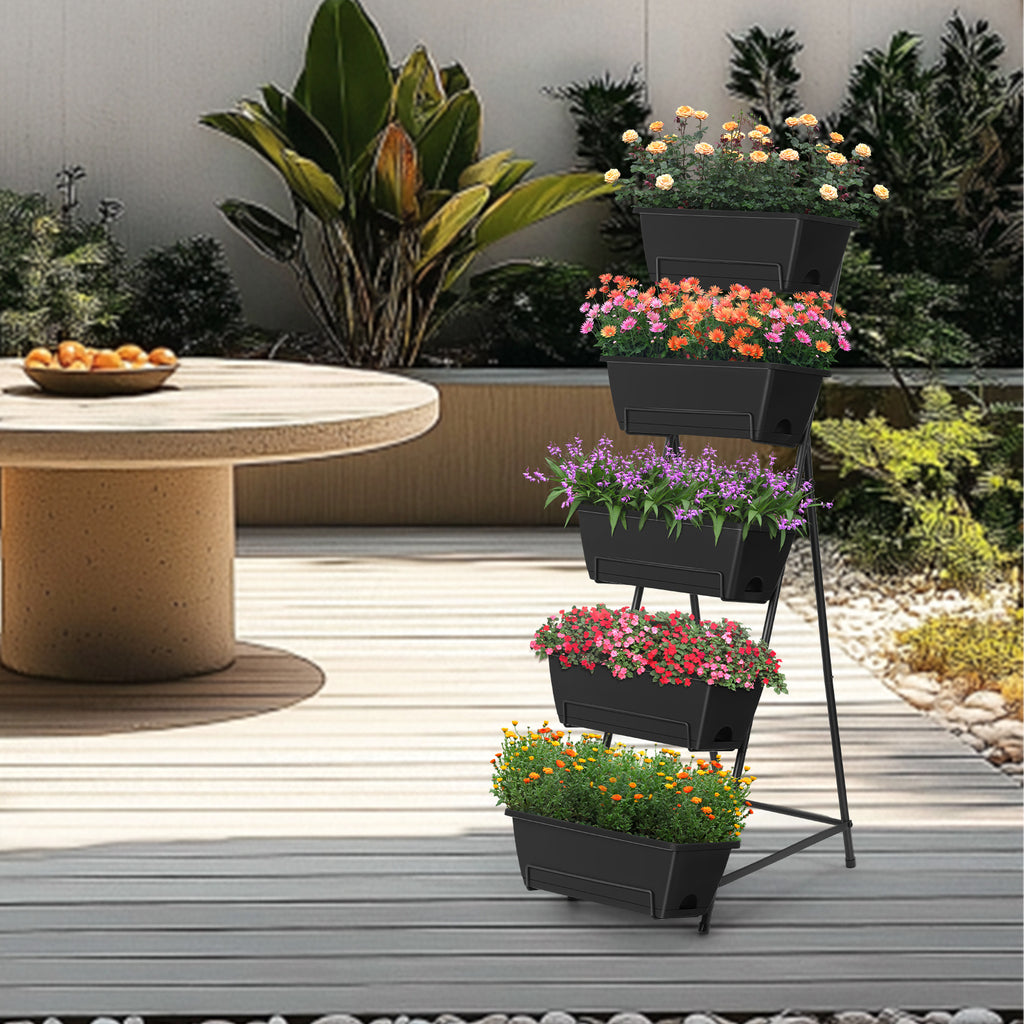 5-Tier Vertical Raised Garden Bed with Drainage - Elevated Planter Boxes for Flowers & Herbs, Space-Saving Outdoor/Indoor Standing Garden, Black