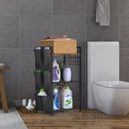3-Tier Bathroom Floor Storage Shelf - Freestanding Organizer with Side Pocket & Towel Hooks, Brown,