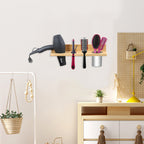 Wall Mount Bamboo Hair Dryer Holder, Multi-Slot Hair Styling Tool Storage Organizer, Hanging Bathroom Caddy for Blow Dryer, Curling Wand, Hair Brush with Detachable Metal Cup