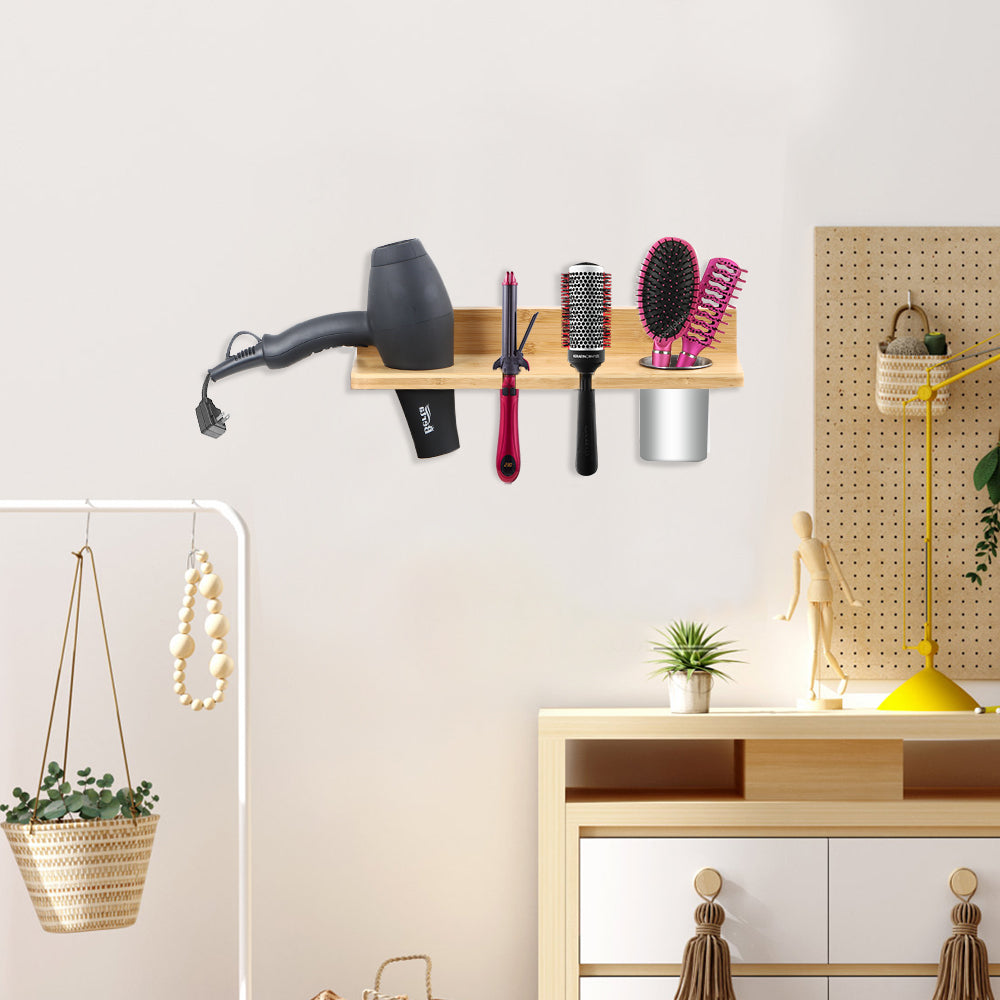 Wall Mount Bamboo Hair Dryer Holder, Multi-Slot Hair Styling Tool Storage Organizer, Hanging Bathroom Caddy for Blow Dryer, Curling Wand, Hair Brush with Detachable Metal Cup