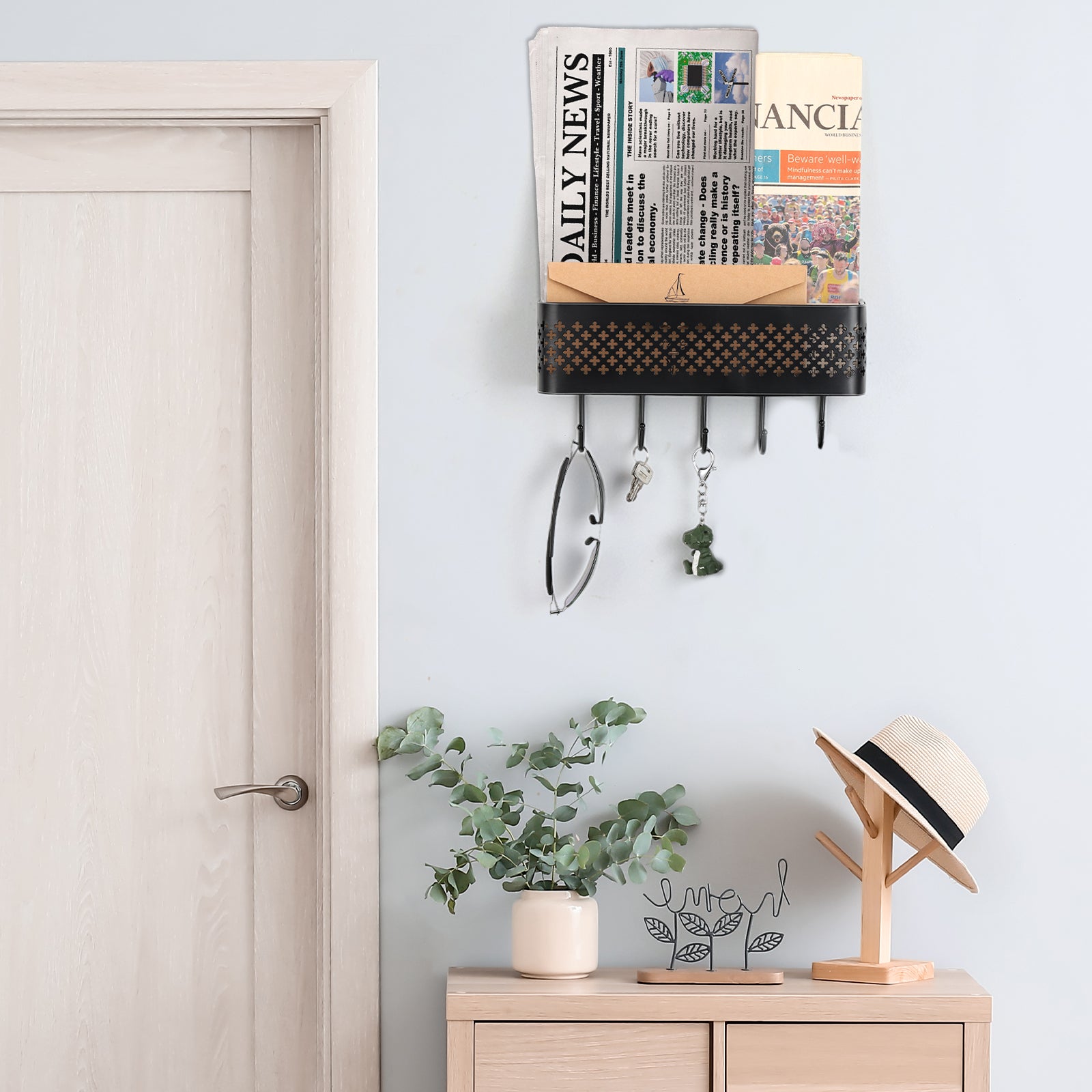 Wall Mounted Key & Mail Holder Set of 2 - Decorative Metal Entryway Organizer with 5 Hooks, Black